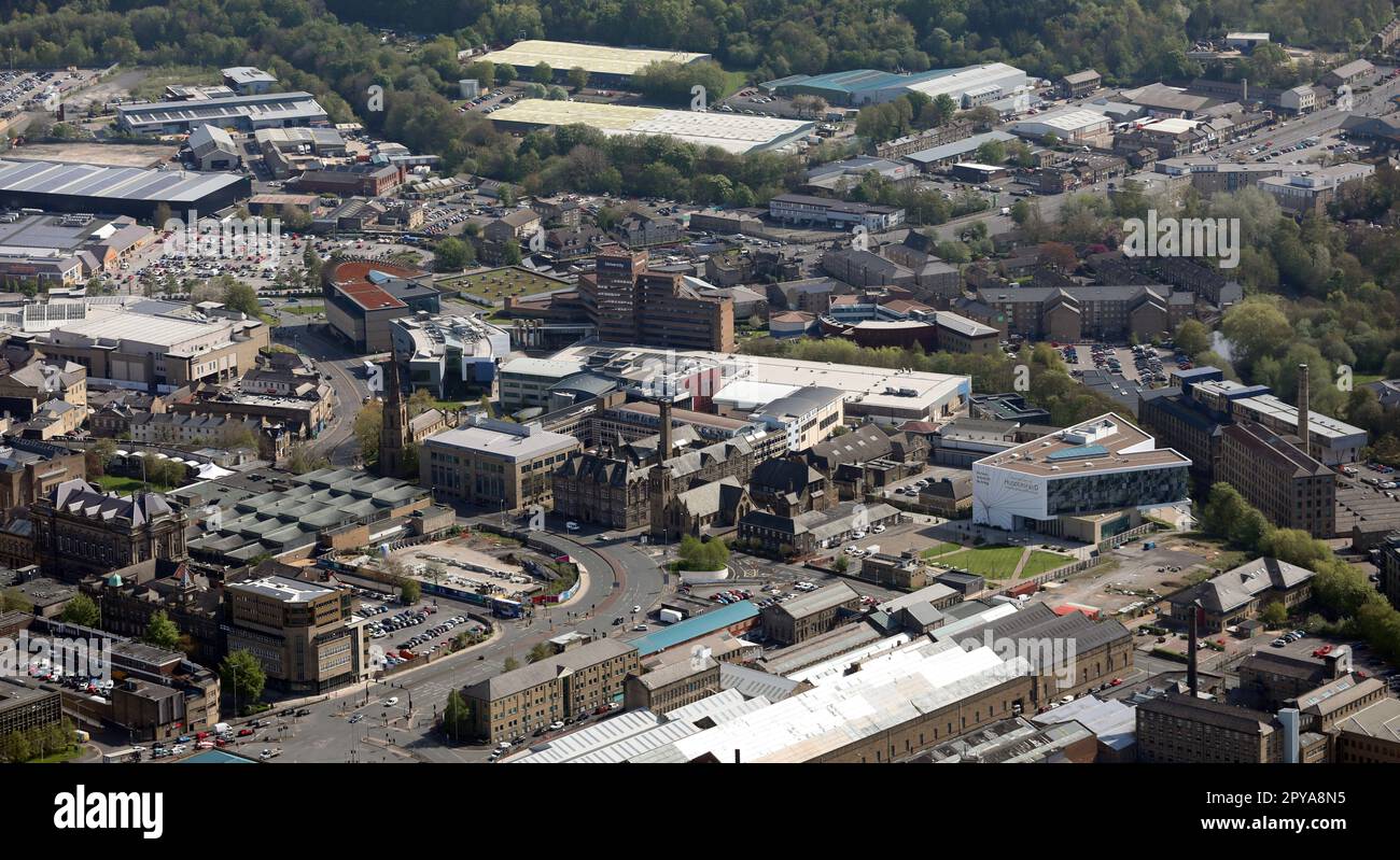 Luftaufnahme von Huddersfield Town Center, West Yorkshire Stockfoto