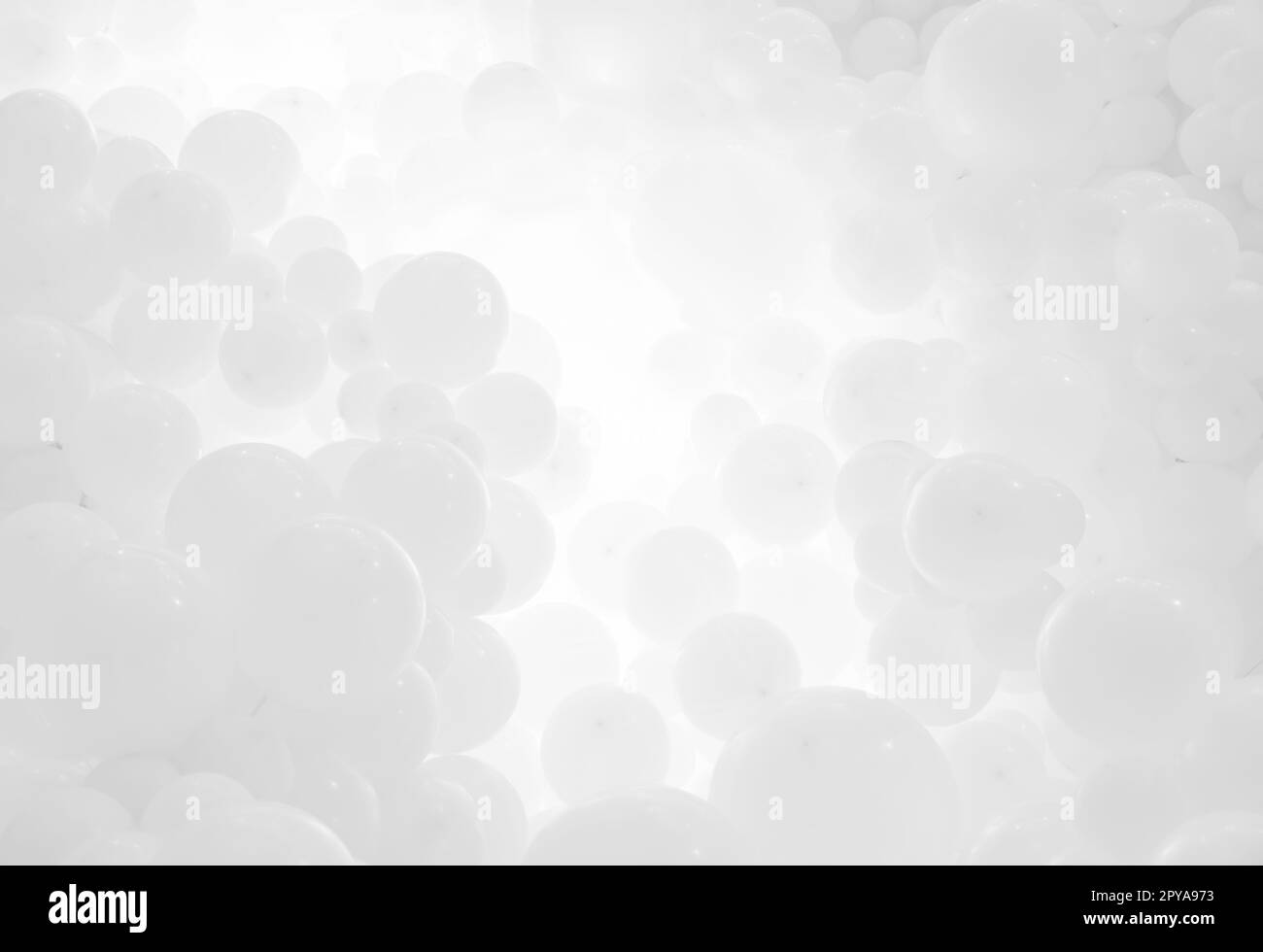 Weißer Hintergrund mit fliegenden Ballons – klares Design, abstraktes realistisches 3D-Banner. Stockfoto
