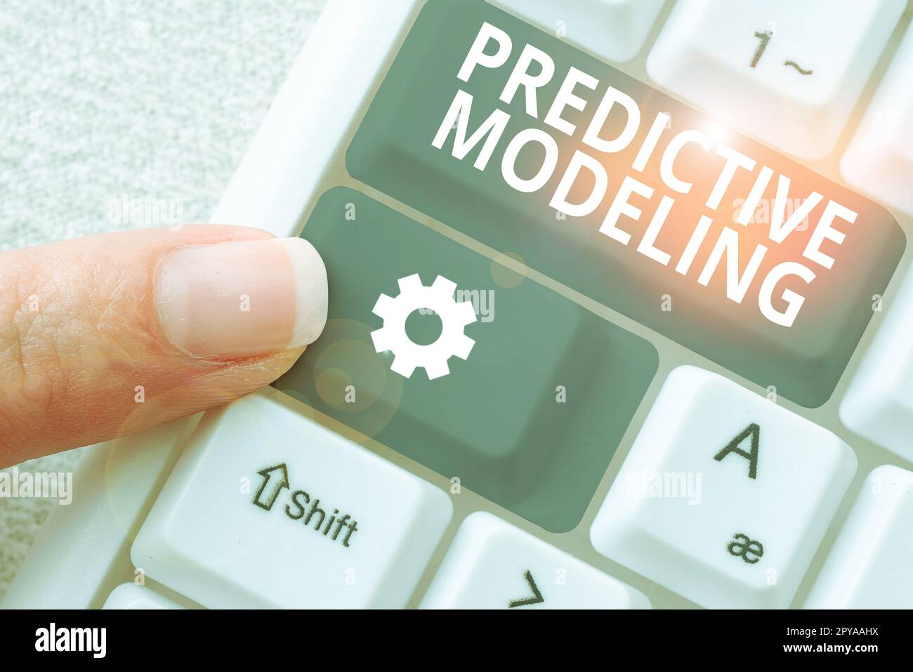 Das Schild zeigt Predictive Modeling an. Business-Showcase-Wartungsstrategie basierend auf Predictive Analytics Stockfoto