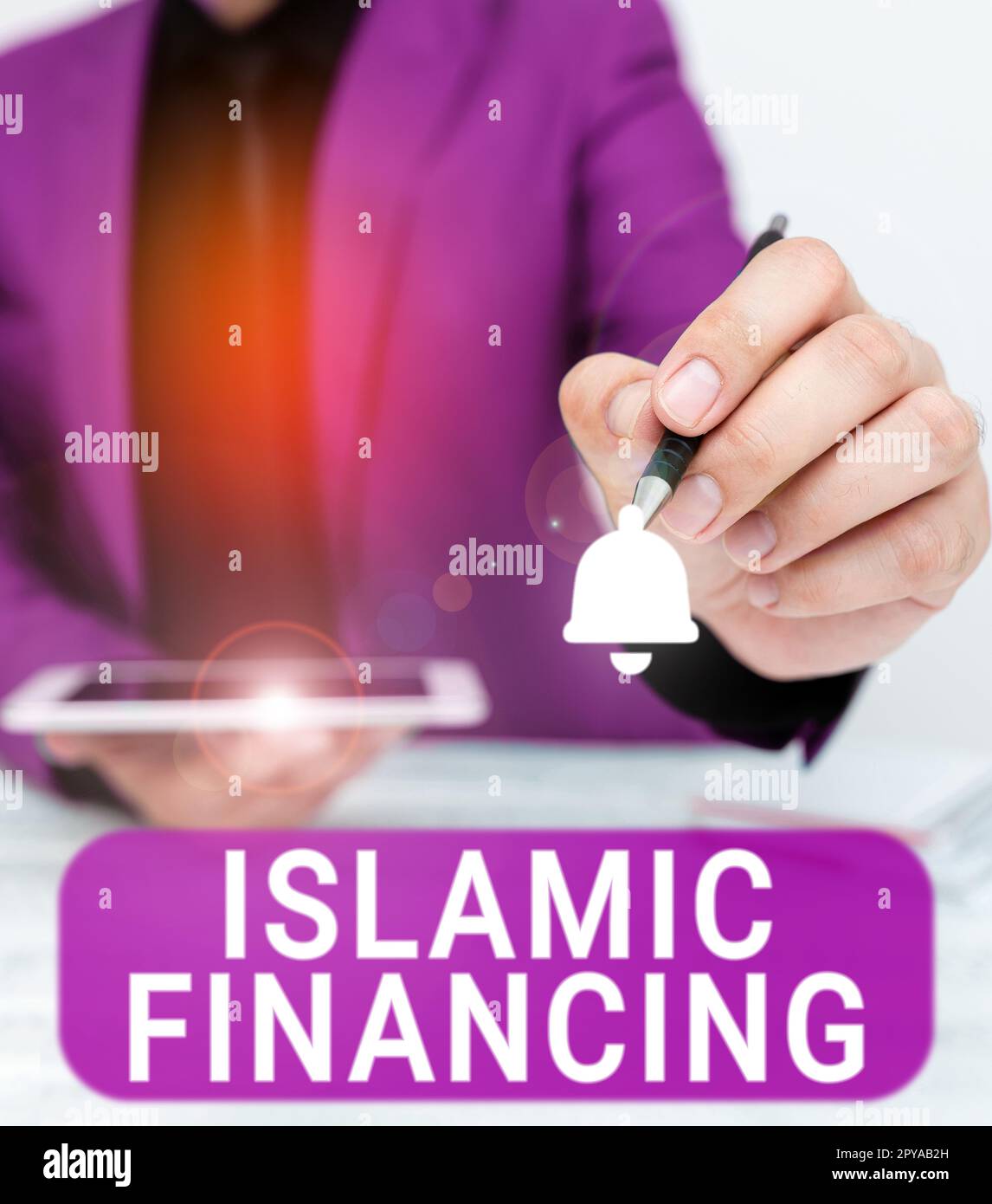 Textzeichen mit islamischer Finanzierung. Geschäftskonzept Bankaktivitäten und Investitionen, die der Scharia entsprechen Stockfoto