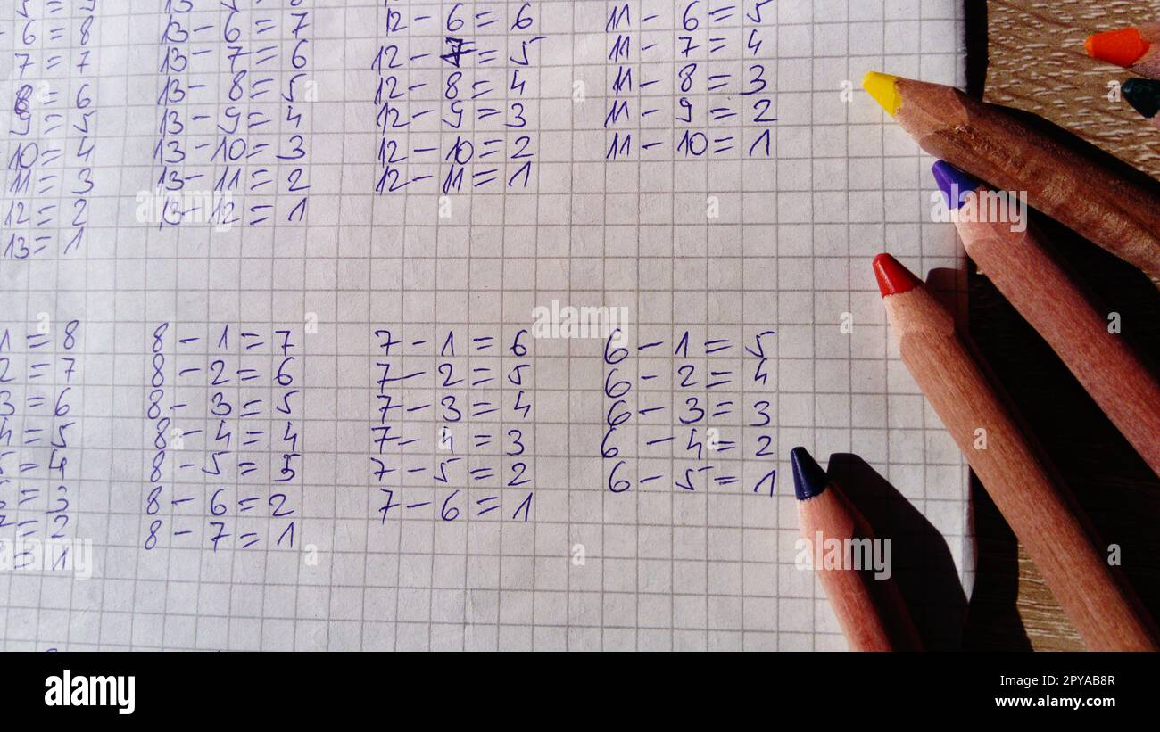 Mathematikstunde. Notizbuch-Blatt in einer Zelle mit geschriebenen mathematischen Beispielen für Addition und Subtraktion. Farbstifte Stockfoto