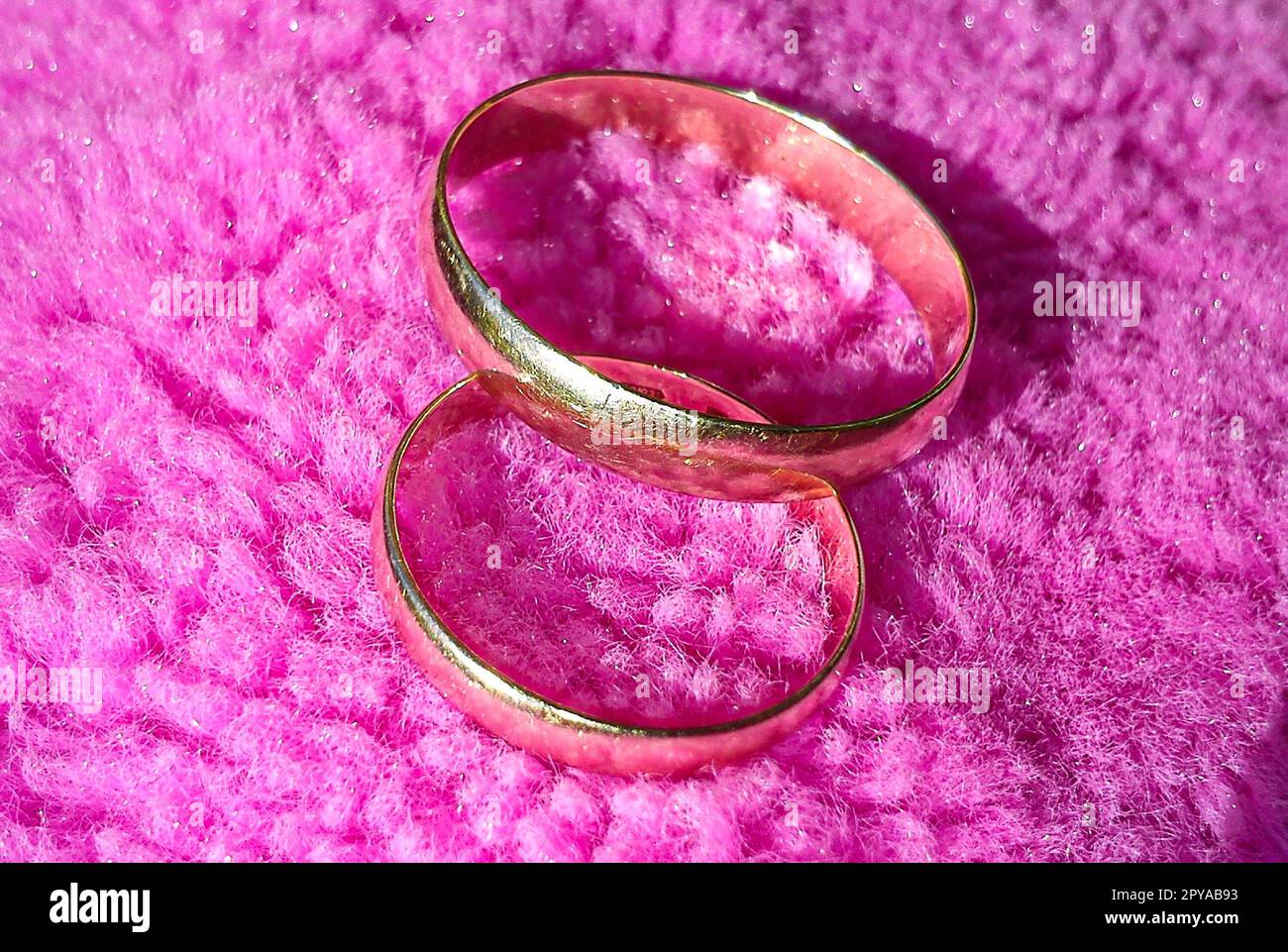 Goldene Ringe, männlich und weiblich, auf rosa zartem Hintergrund Stockfoto