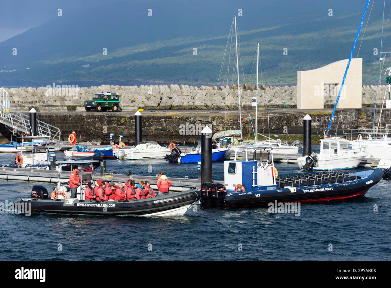 Walbeobachtungsboot, Hafen, Lajes do Pico, Pico, Azoren, Portugal Stockfoto