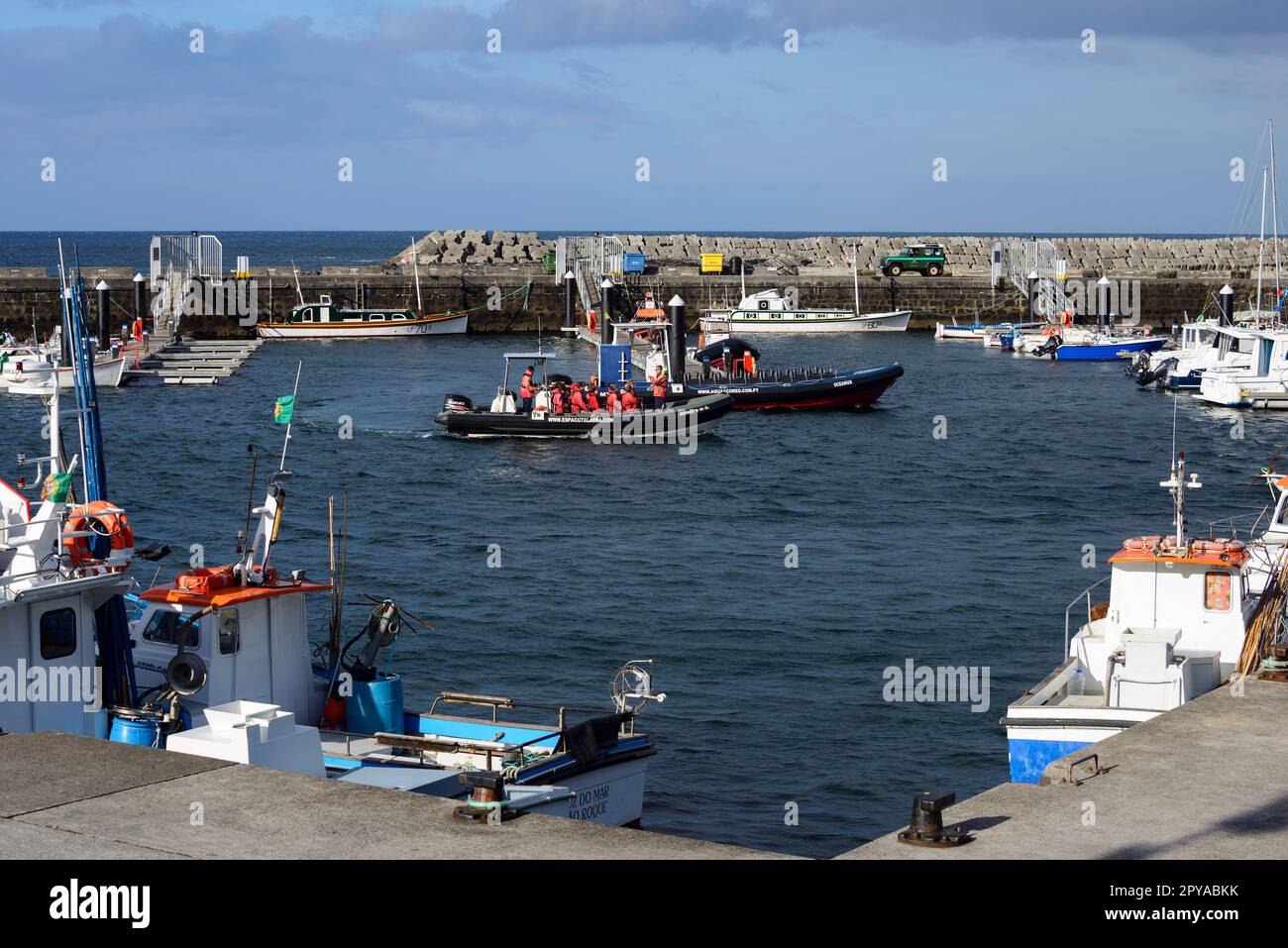 Walbeobachtungsboot, Hafen, Lajes do Pico, Pico, Azoren, Portugal Stockfoto