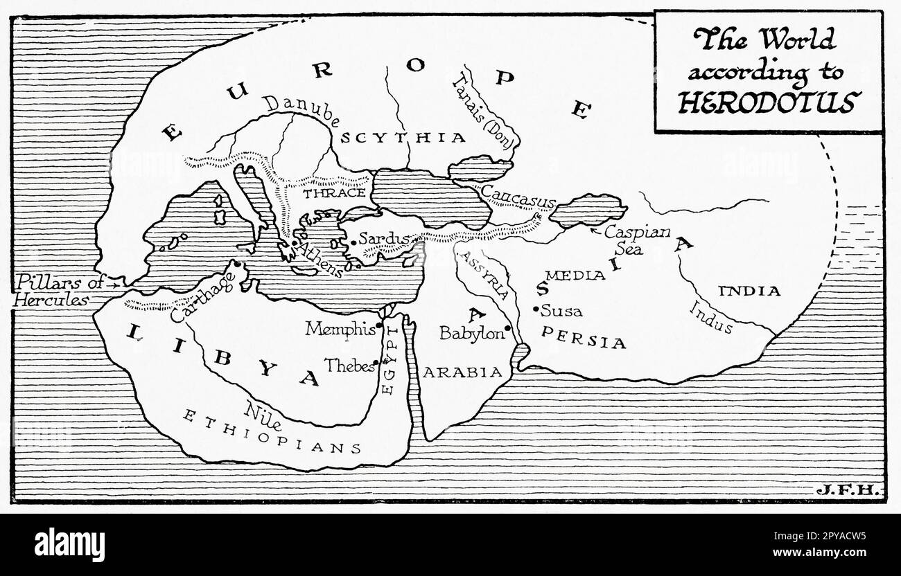 Weltkarte nach Herodotus. Aus dem Buch Outline of History von H.G. Wells, veröffentlicht 1920. Stockfoto