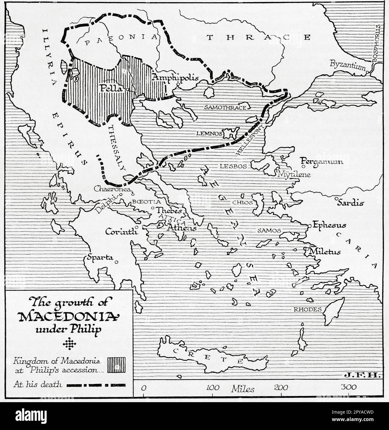 Karte mit dem Wachstum Mazedoniens unter der Herrschaft von Philip II. Von Mazedonien, 382 – 336 v. Chr. Aus dem Buch Outline of History von H.G. Wells, veröffentlicht 1920. Stockfoto