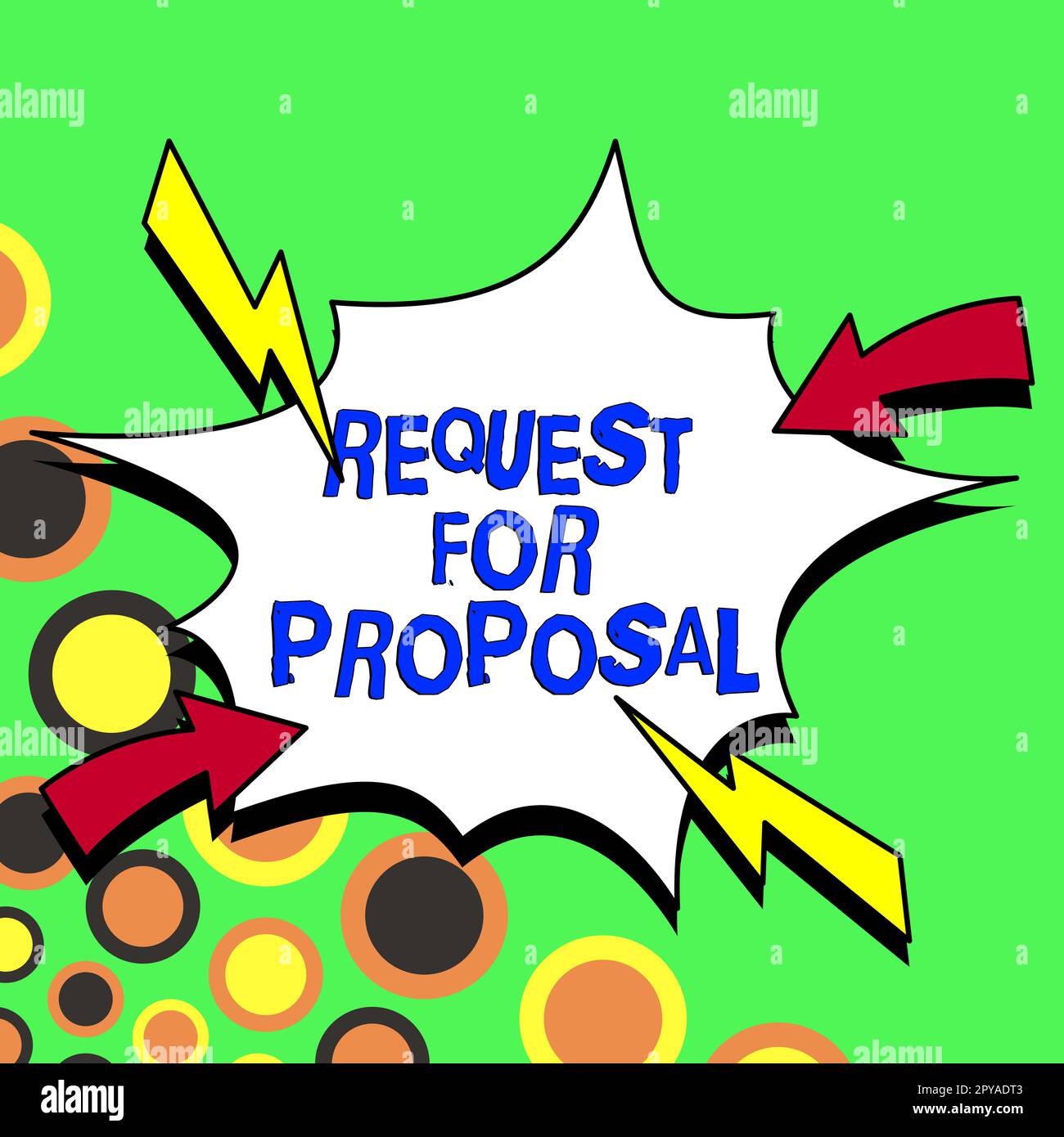 Textzeichen mit „Request for Proposal“. Wort für Dokument enthält Ausschreibungsverfahren nach Agentur oder Unternehmen Stockfoto