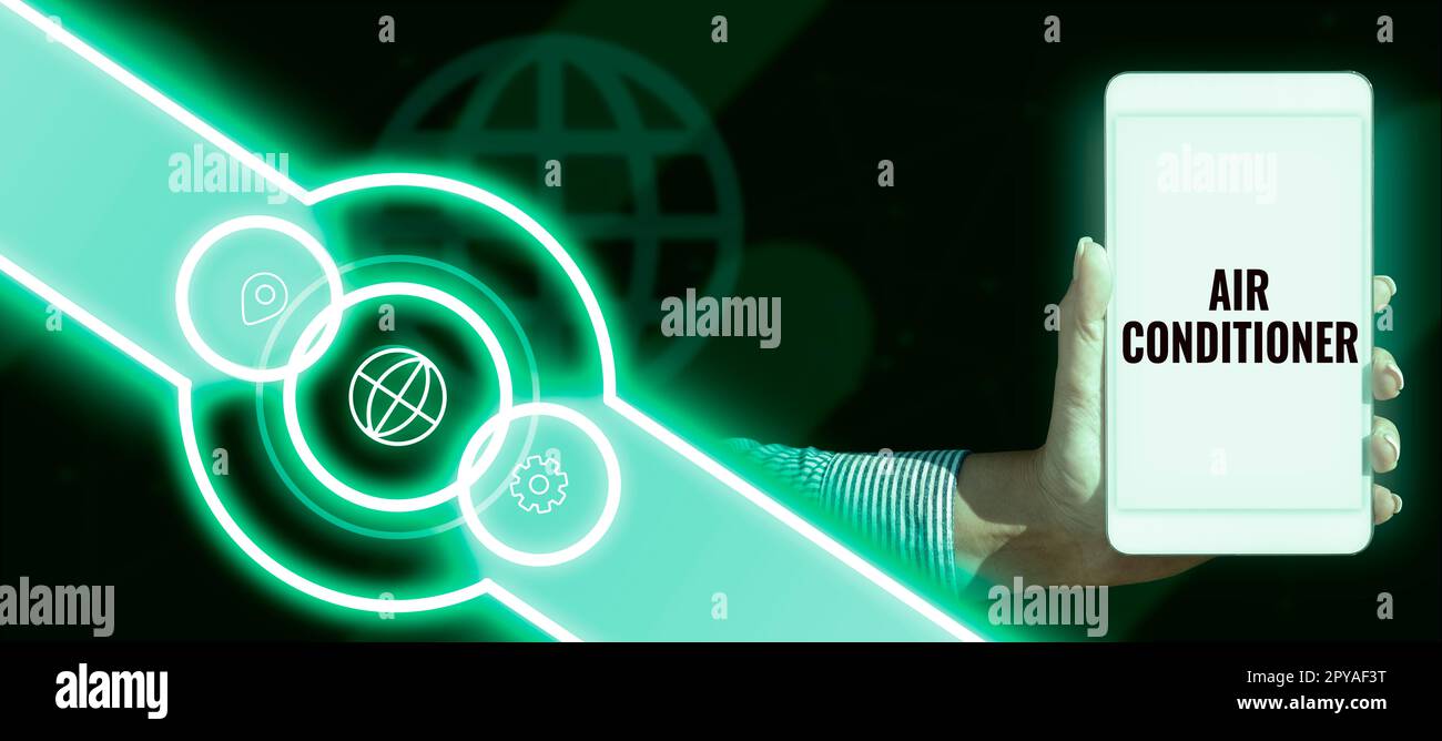 Handgeschriebenes Schild Klimaanlage. Business-Ideengeräte zum Waschen von Luft und zur Regelung von Luftfeuchtigkeit und Temperatur Stockfoto