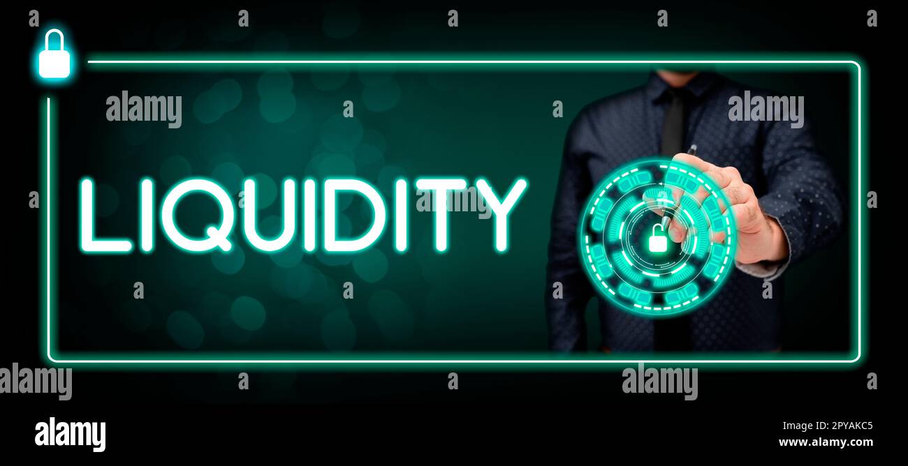 Konzeptionelle Bezeichnung Liquidität. Word für Bargeld und Banksalden Markliquidität Stundungsaktien Stockfoto