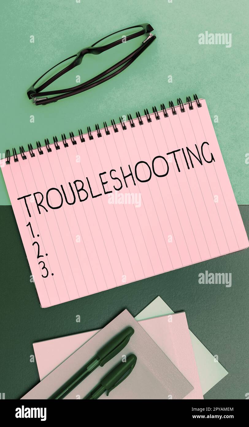 Schreiben Textanzeige Fehlerbehebung. Begriff, der eine Untersuchung oder Behandlung der Probleme bedeutet Stockfoto