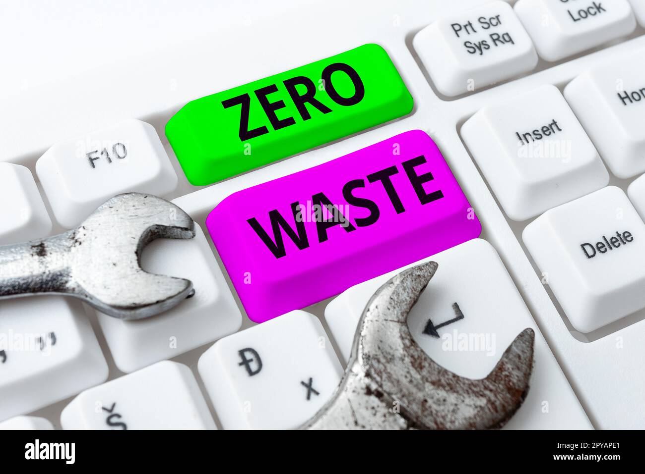 Schild mit der Aufschrift „Null Verschwendung“. Geschäftsansatz Industrielle Verantwortung umfasst Kompostierung, Recycling und Wiederverwendung Stockfoto