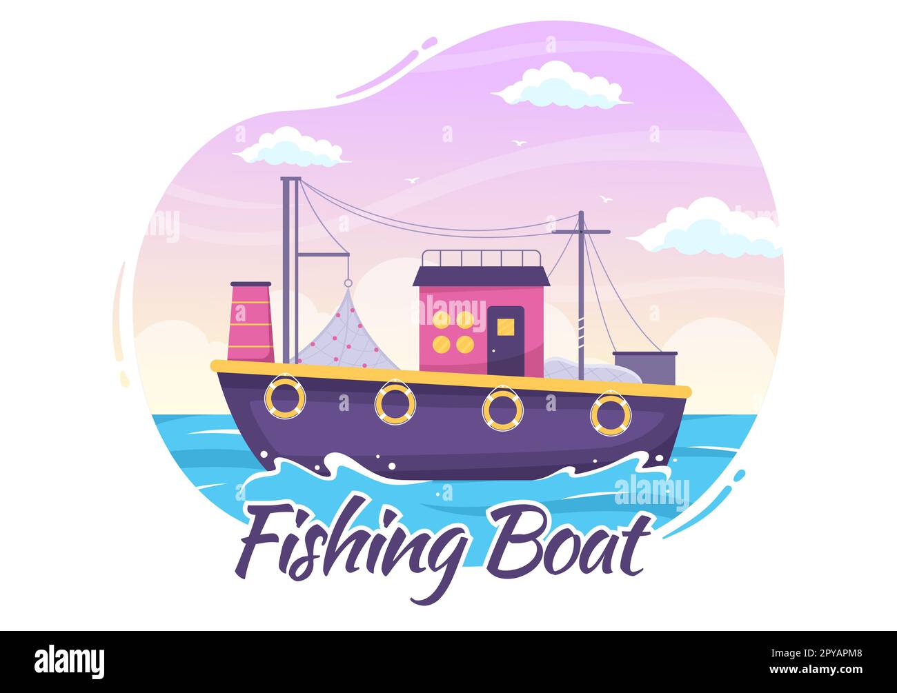 Anglerboot-Illustration mit Fischern, die Fische jagen, indem sie „Schiff für Webbanner“ oder „Landing Page“ in flachen Cartoon handgezeichneten Vektorvorlagen verwenden Stockfoto