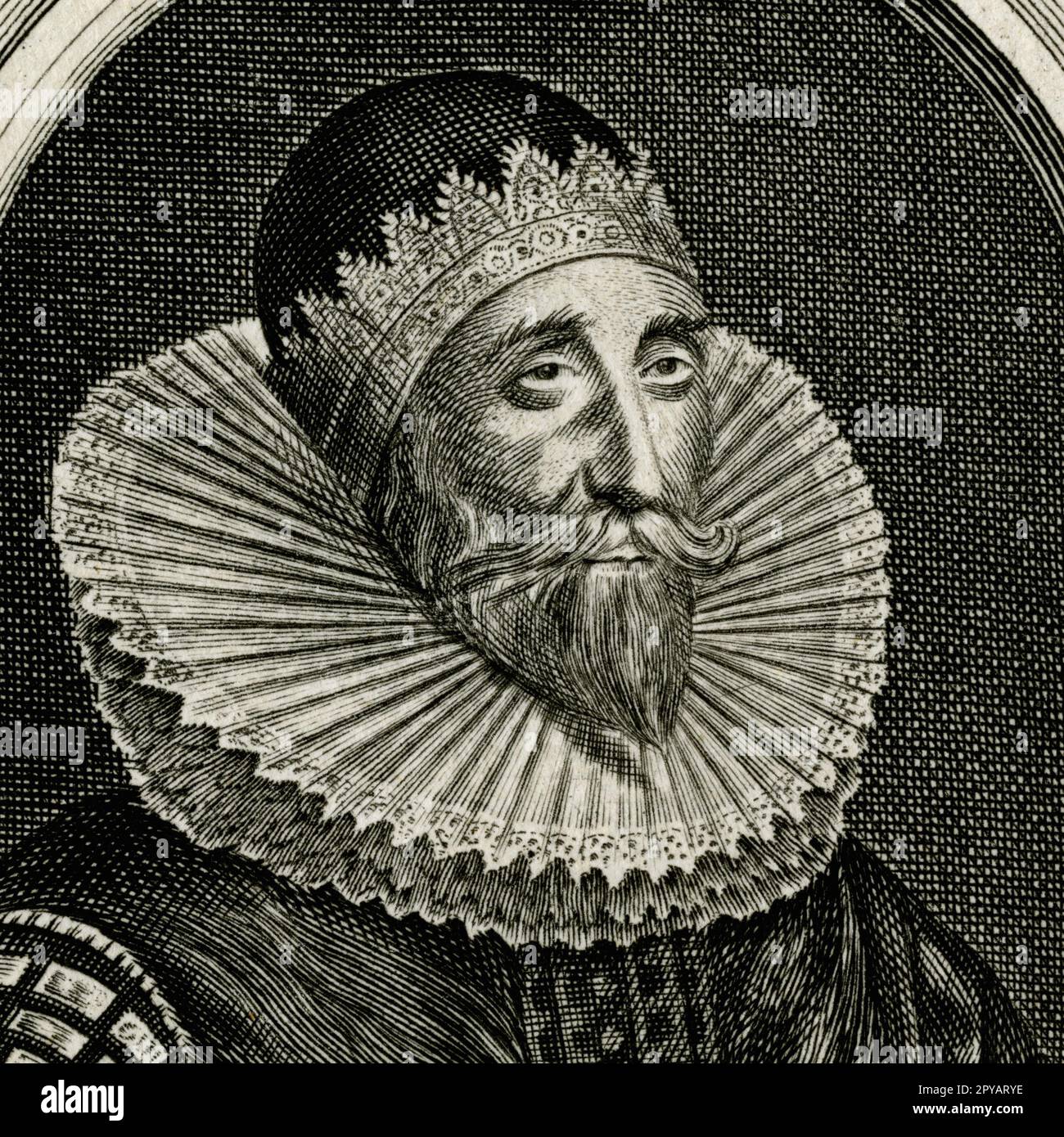 Sir John Coke (1563–1644), Abgeordneter und Außenminister von König Karl I. von England vor dem englischen Bürgerkrieg, während der Zeit von März 1629 bis April 1640, als der König ohne Parlament regierte. Einer von Cokes Söhnen unterstützte das Parlament und der andere König im englischen Bürgerkrieg. Quadratische Gravur, die in den 1700er Jahren von dem englischen Stecher und Künstler John Sturt (1658-1730) erstellt wurde. Stockfoto