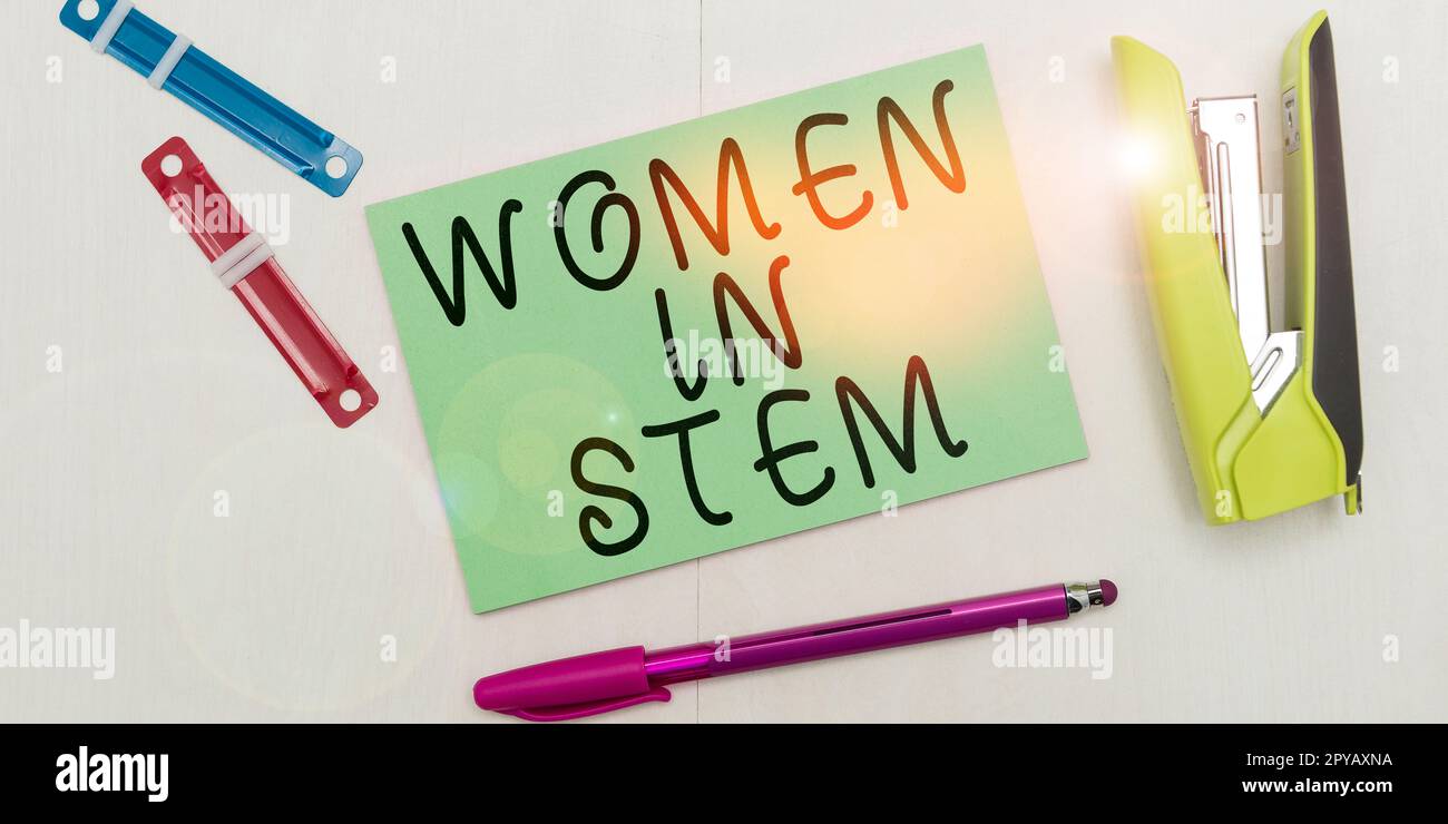 Handschriftliches Schild Women in Stem. Wort für Wissenschaft, Technik, Technik, Mathematik, Forschung Stockfoto