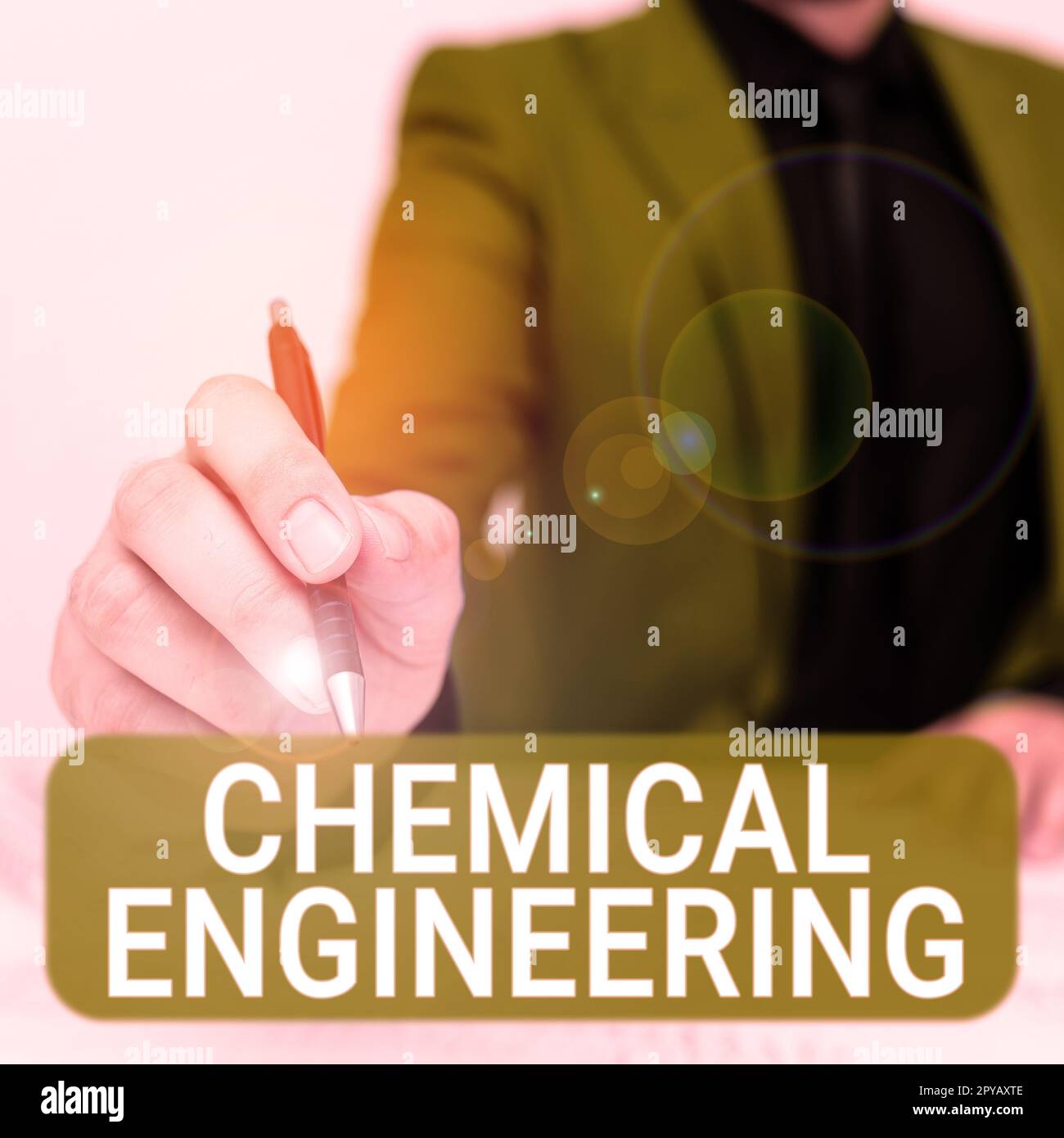 Text mit Inspiration Chemical Engineering. Geschäftsüberblick Entwicklung von Dingen, die sich mit der industriellen Anwendung der Chemie befassen Stockfoto
