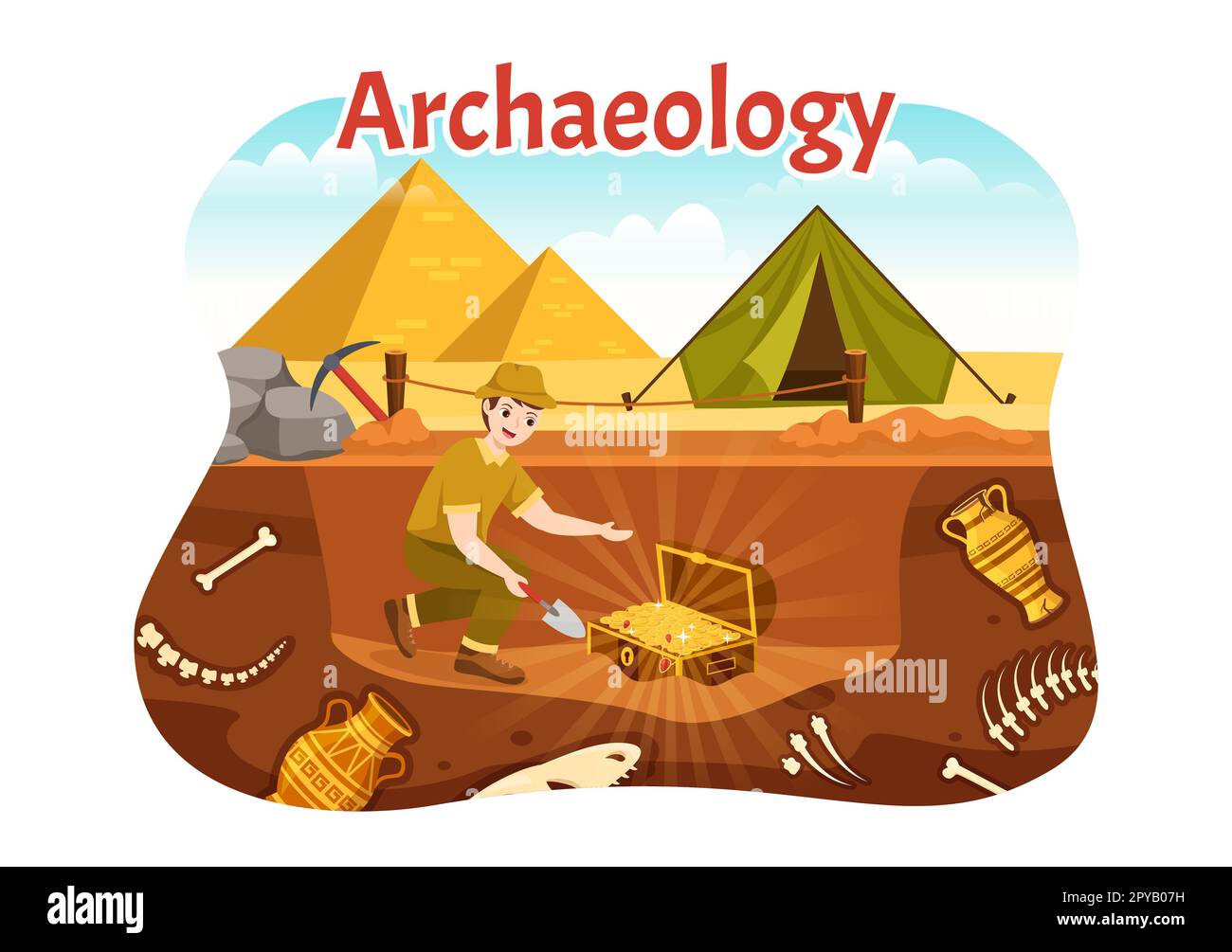 Archäologische Illustration mit archäologischen Ausgrabungen antiker Ruinen, Artefakte und Dinosaurierfossil in handgezeichneten Flat Cartoon-Vorlagen Stockfoto