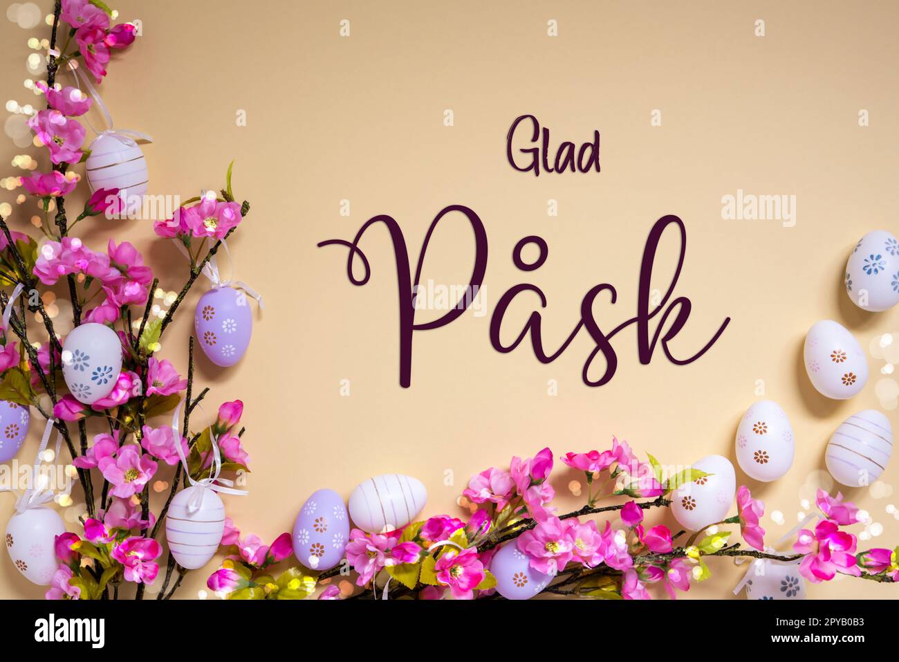 Rosafarbene Frühlingsblume, Osterdekoration, Happy Pask Bedeutet Happy Easter Stockfoto