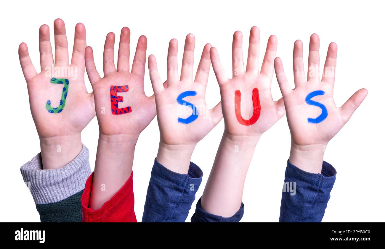 Kinderhände Bauen Wort Jesus, Isolierter Hintergrund Stockfoto