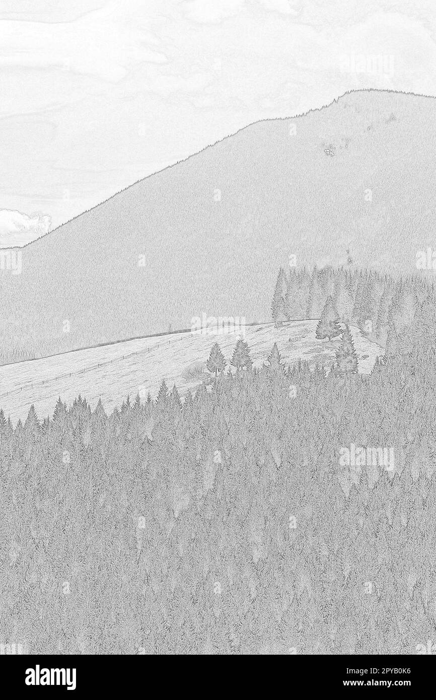 Dragobrat-Bergwälder gravieren handgezeichnete Zeichnungen Stockfoto