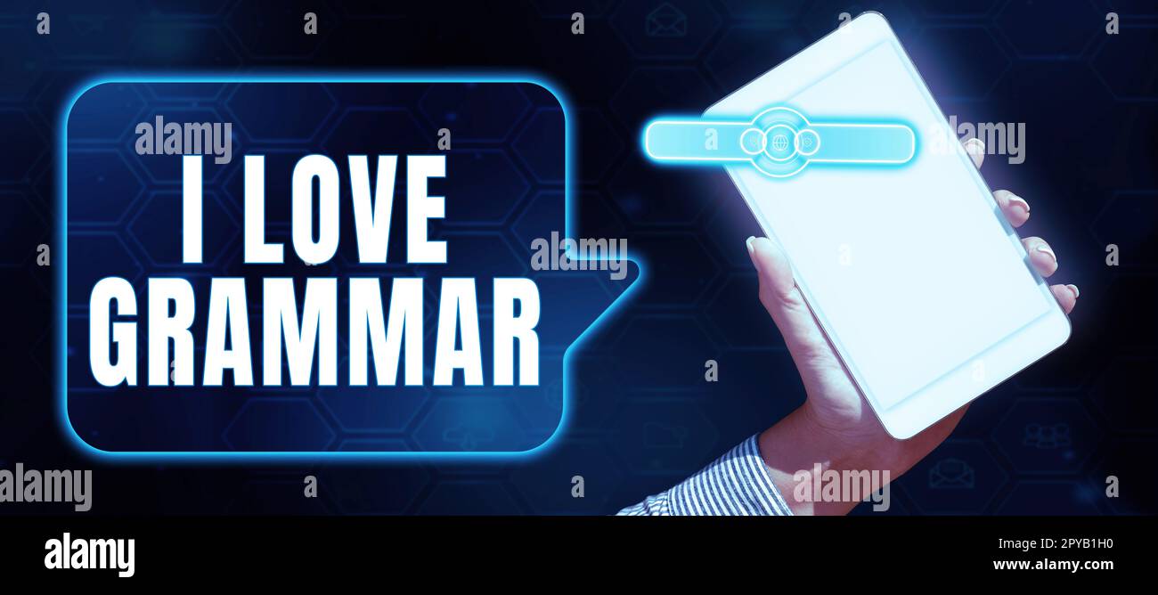 Text, der Inspiration I Love Grammar zeigt. Geschäftsvorstellung der Bewunderung des Systems und der Sprachstruktur Stockfoto