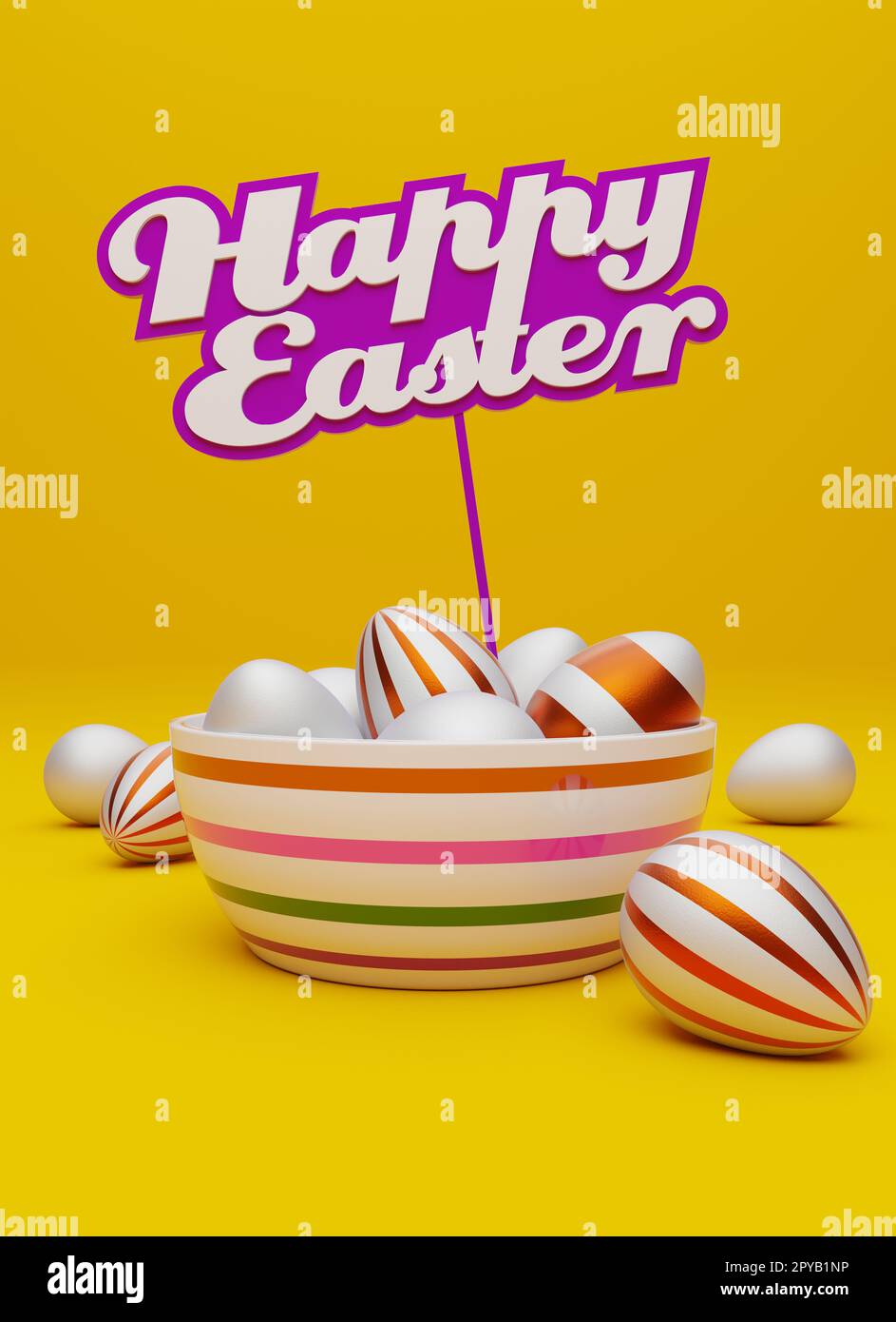 Viele Ostereier mit einem Schild und den Worten Happy Easter Stockfoto