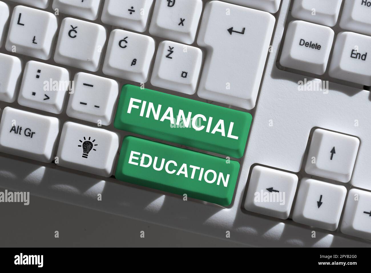 Schreiben mit Text "Financial Education". Ein Wort für das Verständnis von Währungsbereichen wie Finanzen und Investitionen Stockfoto
