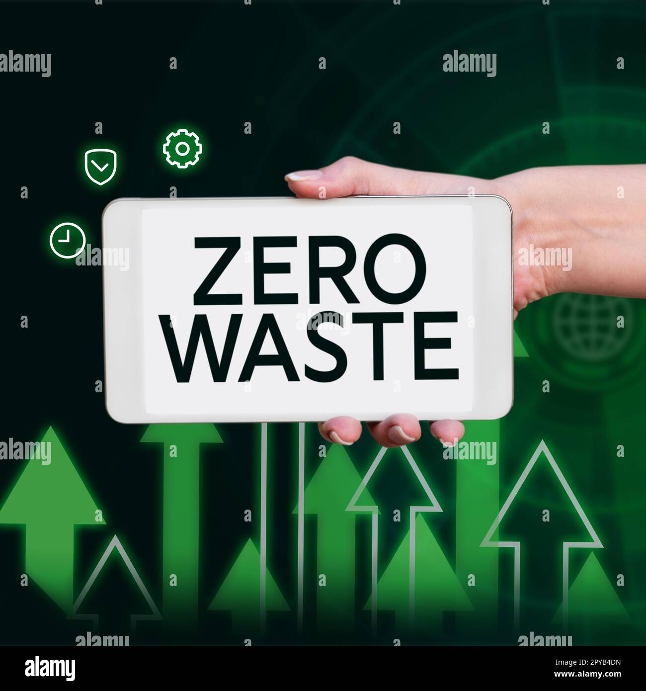 Schild mit der Aufschrift „Null Verschwendung“. Das Internet-Konzept industrielle Verantwortung umfasst Kompostierung, Recycling und Wiederverwendung Stockfoto