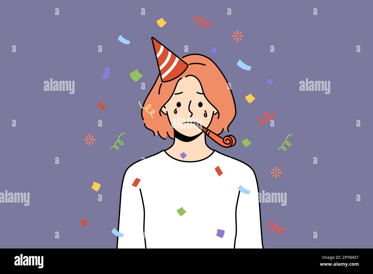 Unglückliche Frau mit Geburtstagsmütze, pfeift rein und feiert den Jahrestag. Ein aufgebrachtes Mädchen fühlt sich einsam und verlassen bei der Feier. Vektor-Illustration Stockfoto