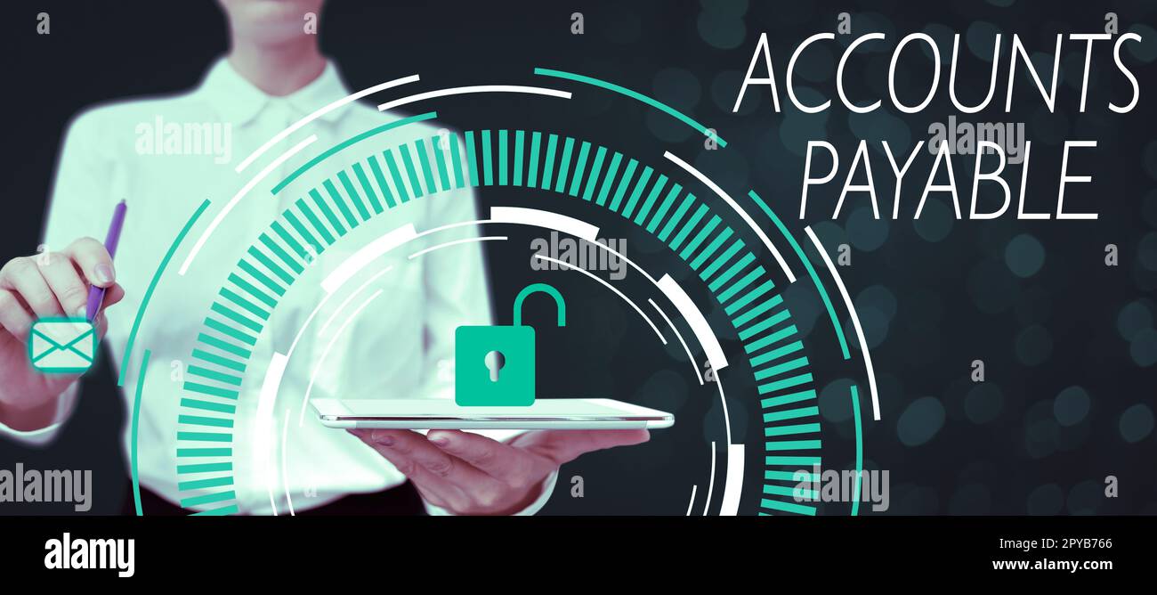 Das Zeichen zeigt die Kreditorenbuchhaltung an. Geschäftsansatz Geld, das ein Unternehmen seinen Lieferanten als Verbindlichkeit schuldet Stockfoto