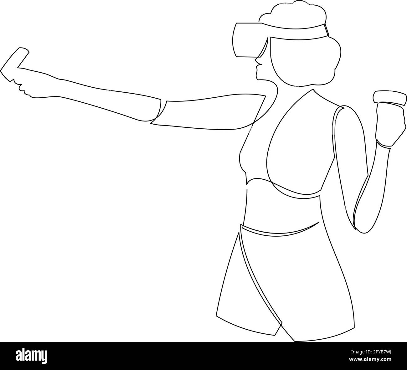 Virtual-Reality-Gaming: Durchgehende Einlinienzeichnung. Frau mit VR-Brille, mit Bewegungssteuerung. 3D erweiterte Unterhaltung. Handgezeichnete weibliche silh Stock Vektor
