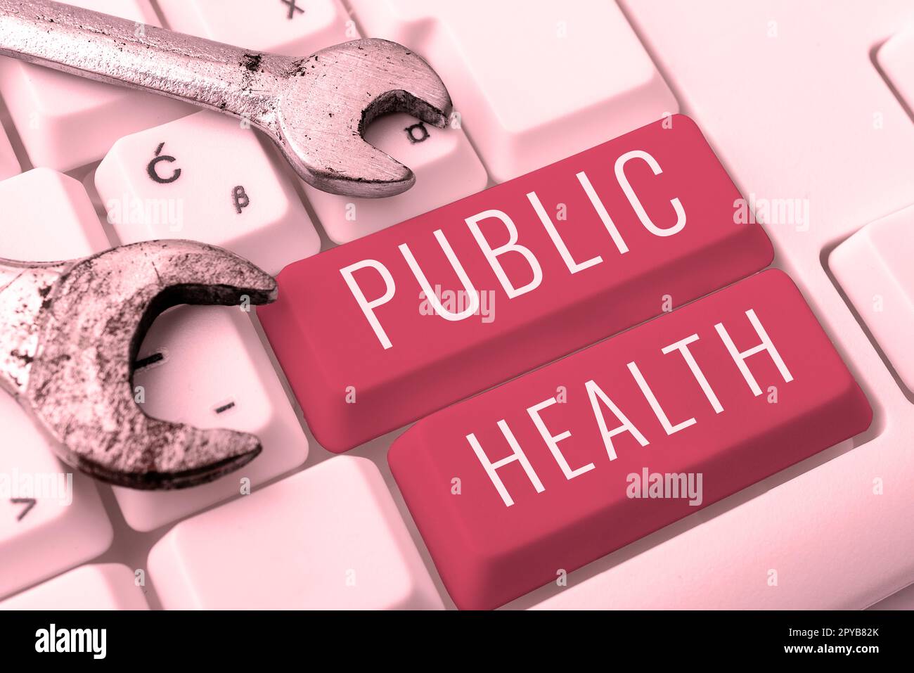 Schreiben mit Text Public Health. Internetkonzept zur Förderung einer gesunden Lebensweise für die Gemeinschaft und ihre Menschen Stockfoto