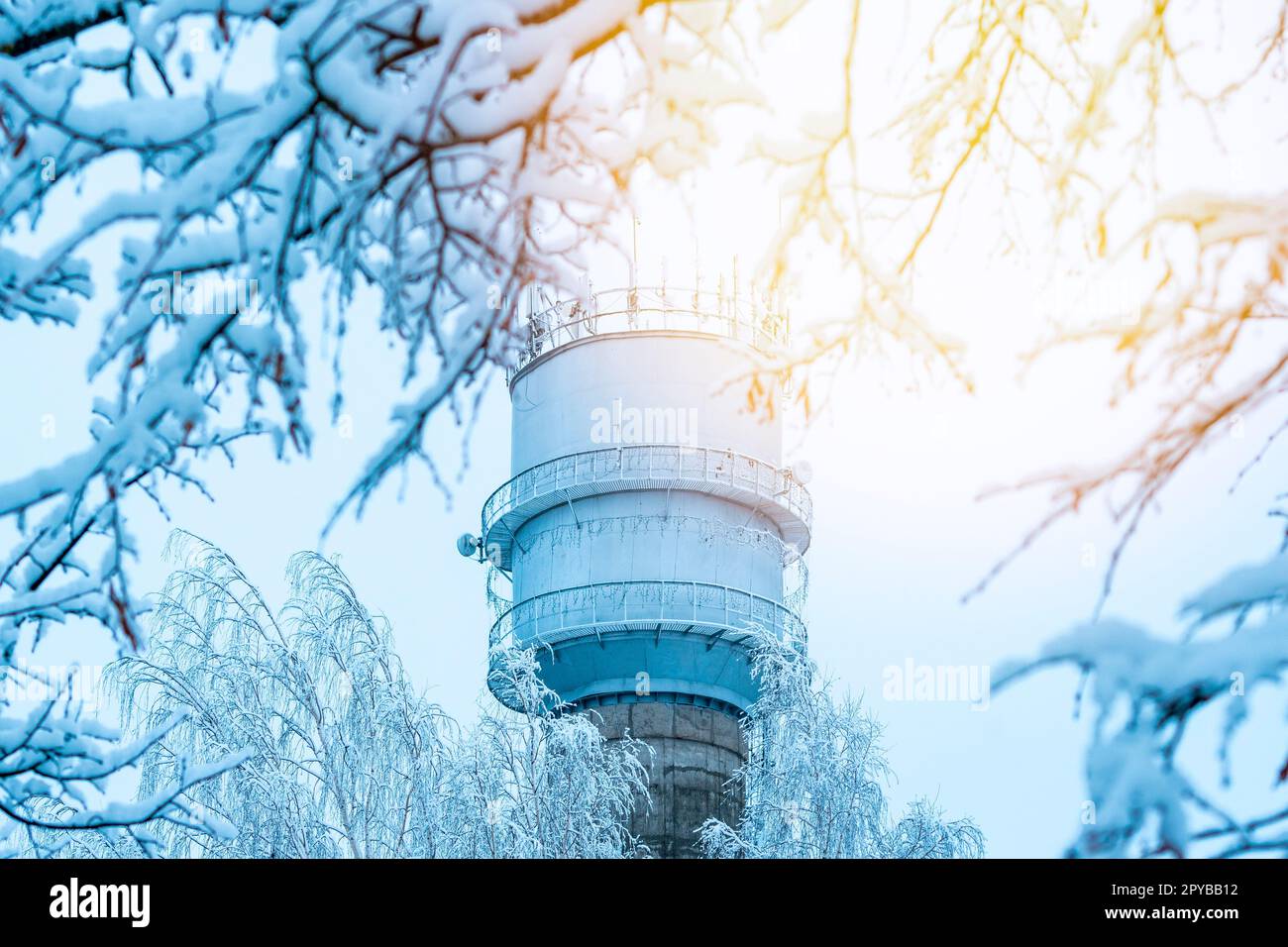 Ein Wasserturm über einem Baum, der von Heiserfrost bedeckt ist Stockfoto