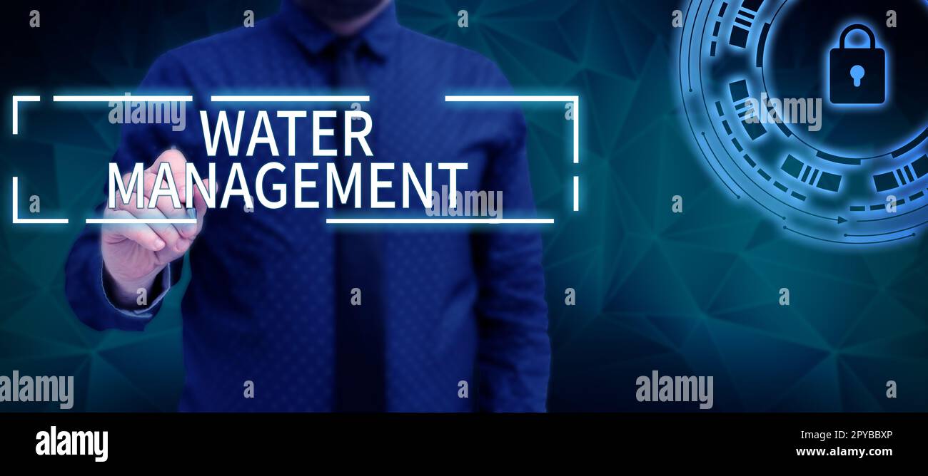 Textunterschrift zur Darstellung der Wasserwirtschaft. Unternehmerischer Ansatz optimale Nutzung der Wasserressourcen im Rahmen einer definierten Wasserpolitik Stockfoto