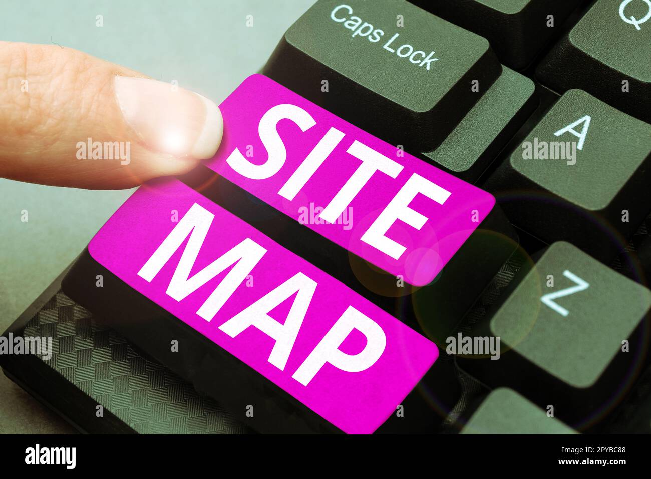 Text für Sitemap wird geschrieben. Konzeptfoto, das sowohl Benutzern als auch Suchmaschinen beim Navigieren auf der Website hilft Stockfoto