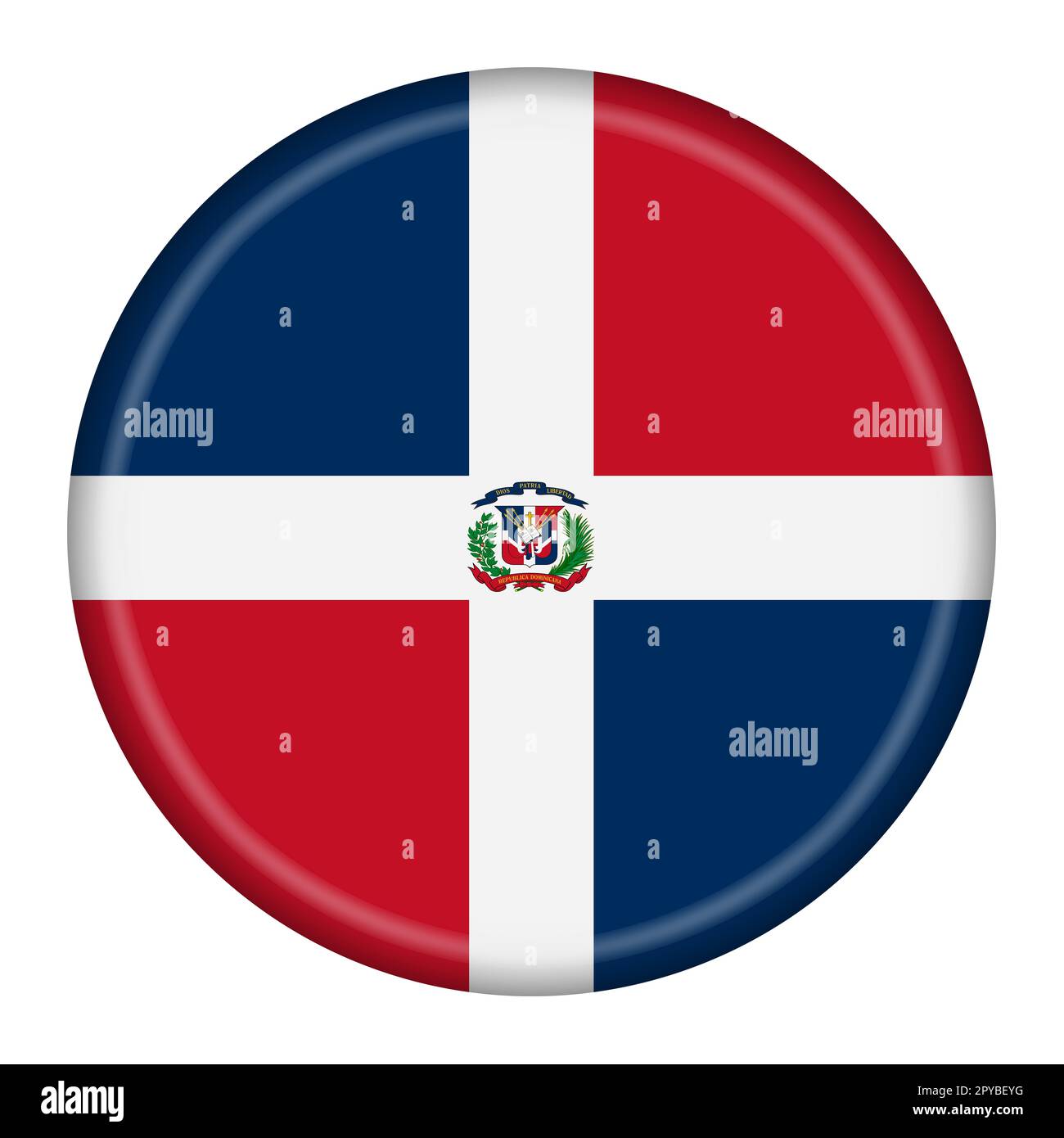 Dominikanische Republik Flaggenschaltfläche 3D Abbildung mit Beschneidungspfad Stockfoto