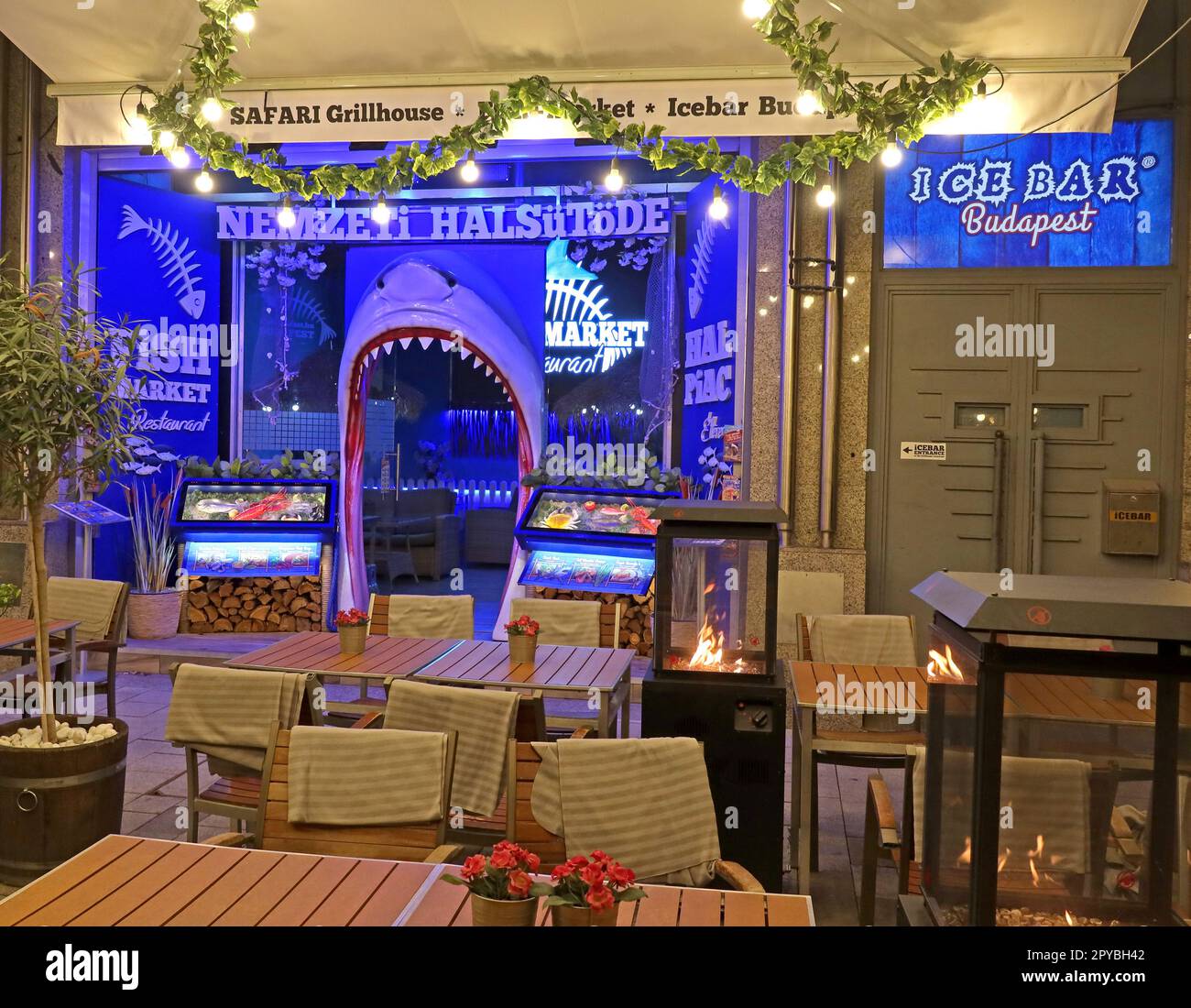 Eingang Shark Tooth - Fischrestaurant Ice Bar, Budapest, Váci U 40, 1056 Ungarn Stockfoto