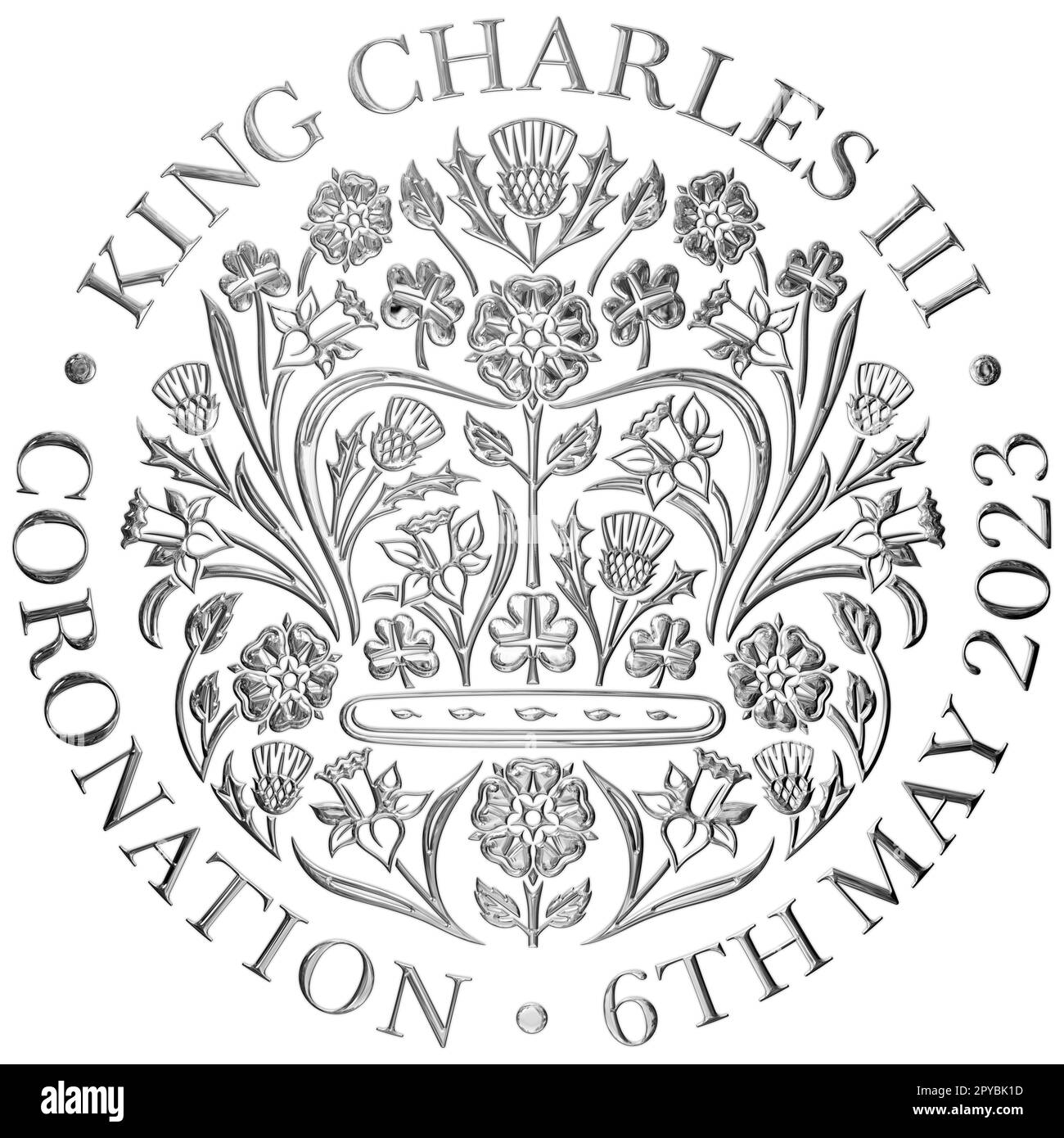 London, Vereinigtes Königreich, Mai 2023, Karl Dritte Krönung silbernes Metallsymbol, Großbritannien, Illustration Stockfoto