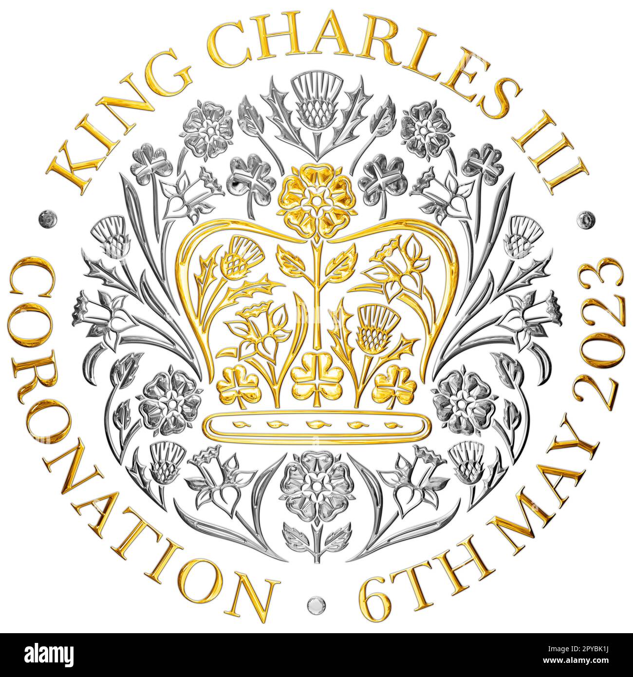 London, Vereinigtes Königreich, Mai 2023, Karl Dritte Krönung Gold und Silber Metallic Symbol, Großbritannien, Illustration Stockfoto
