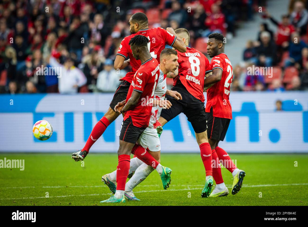 Leverkusen, Deutschland. 23. April 2023. Willi Orban (RBL), Odilon Kossounou (Leverkusen), Jonathan Tah (Leverkusen), Robert Andrich (Leverkusen), Timot Stockfoto