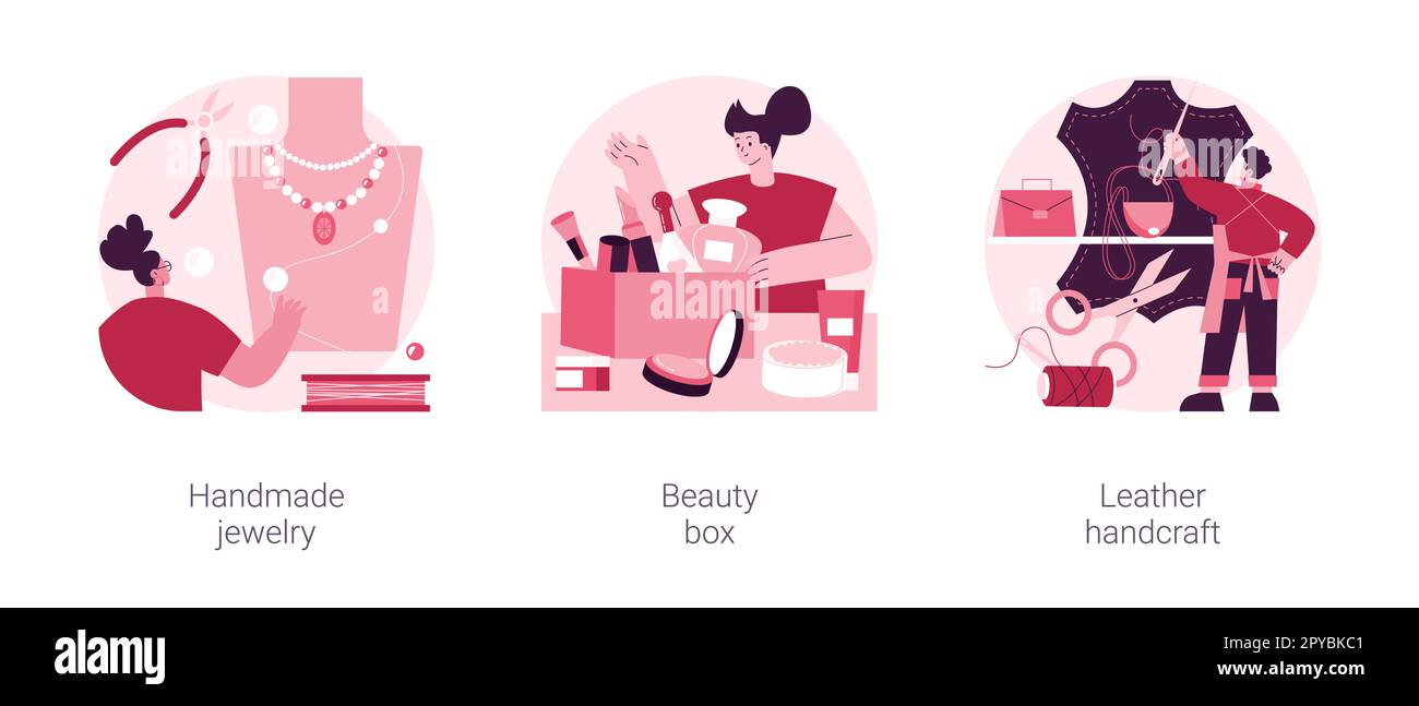 Handgefertigtes abstraktes Konzept für Vektordarstellungen beim Start. Handgefertigter Schmuck, Beauty-Box, Lederhandwerk, Online-Designer-Shop, Kunsthandwerk, Abonnement, Kosmetikprodukte abstrakte Metapher. Stock Vektor