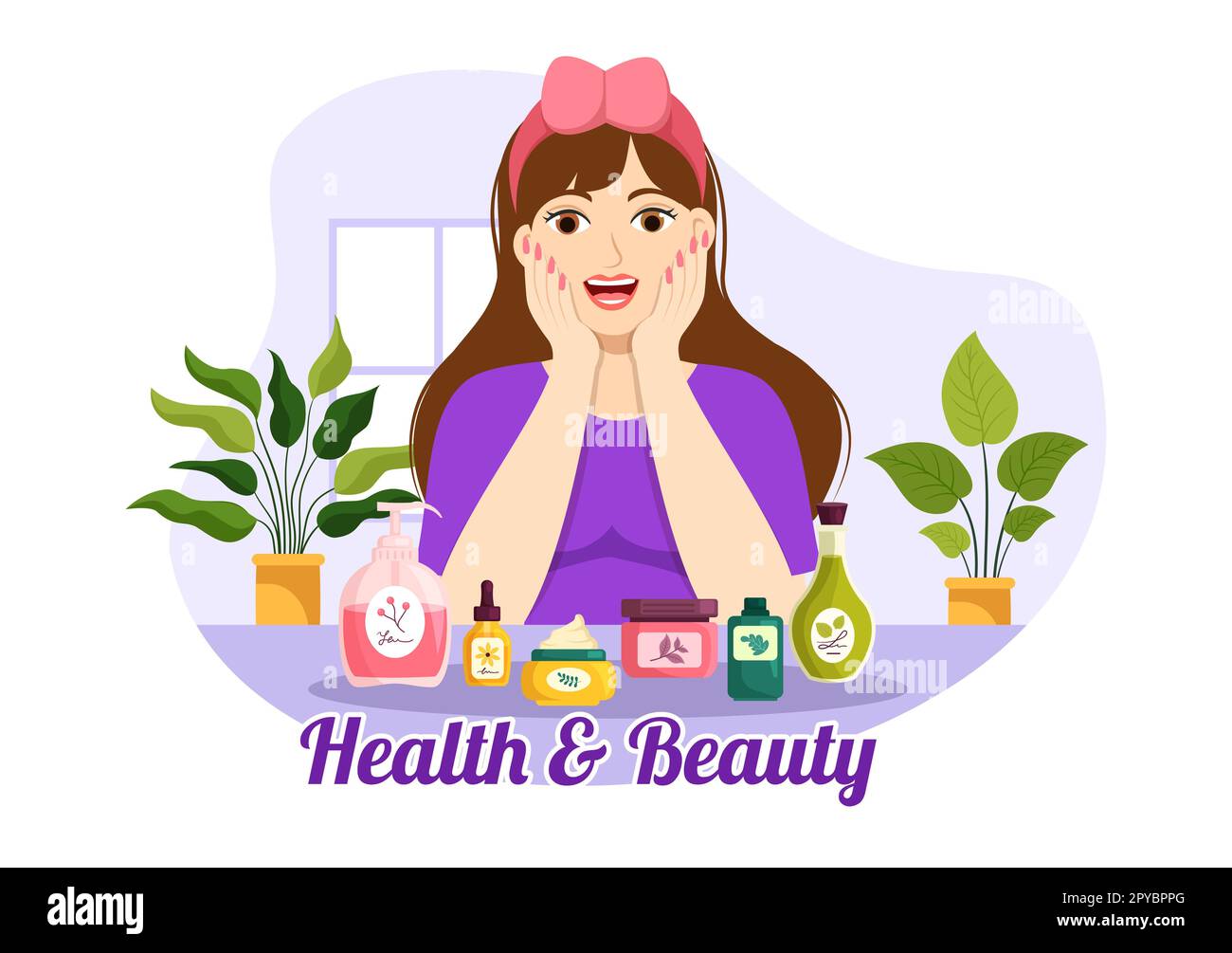 Beauty and Health Illustration mit natürlichen Kosmetika und Öko-Produkten für problematische Haut oder Gesichtsbehandlung in Women Cartoon Hand Drawn Templates Stockfoto