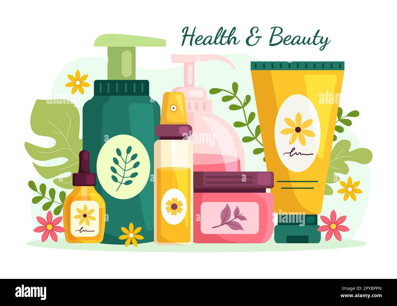 Beauty and Health Illustration mit natürlichen Kosmetika und Öko-Produkten für problematische Haut oder Gesichtsbehandlung in Women Cartoon Hand Drawn Templates Stockfoto