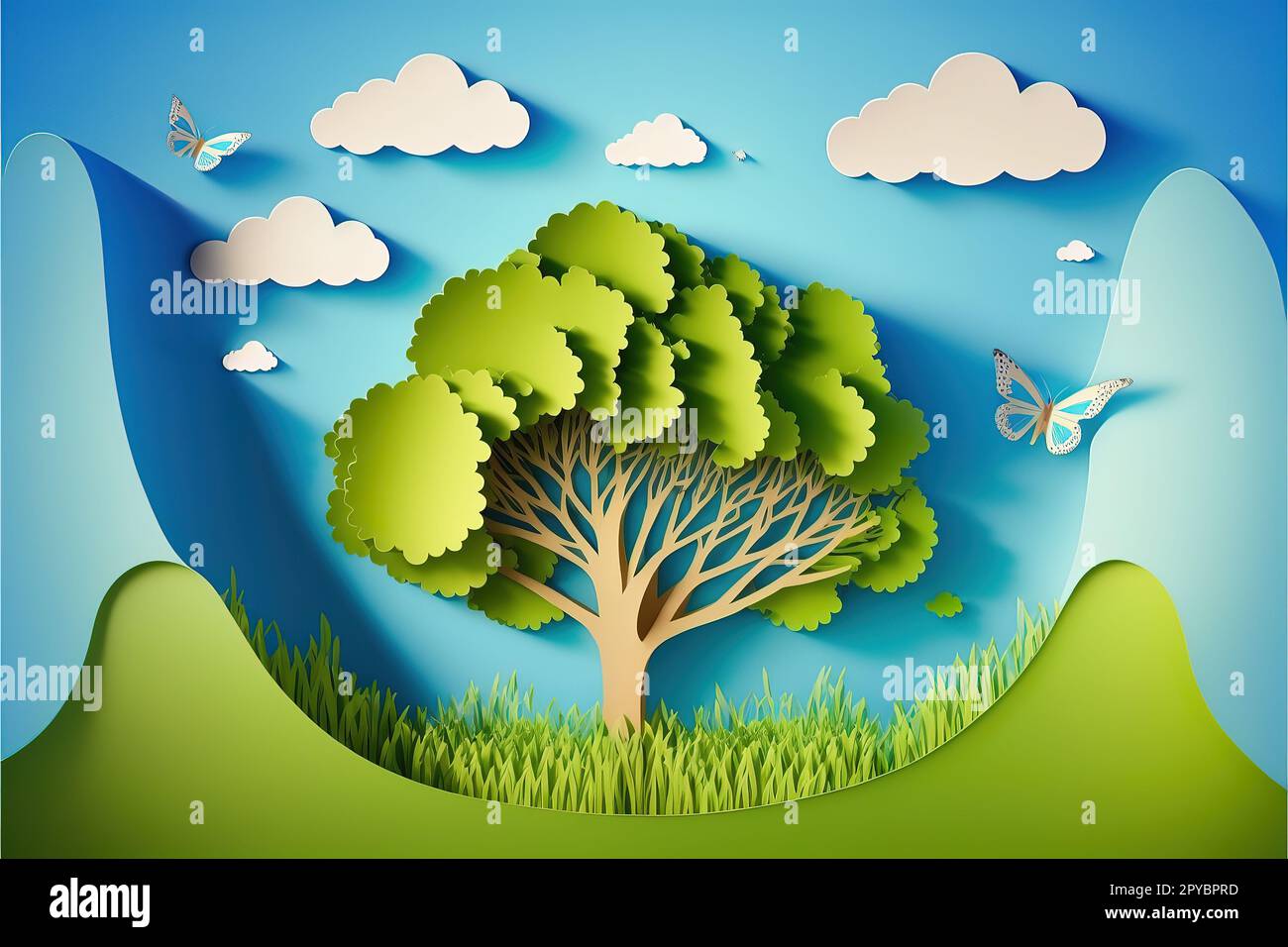 Schöne flauschige Wolke, blauer Himmelshintergrund, Sommersonne, Schmetterling, grüner Rasen, Papiergeschnittener Baum. Vektordarstellung. Umweltfreundliches Bannerdesign, Ökosystemkonzept Stockfoto