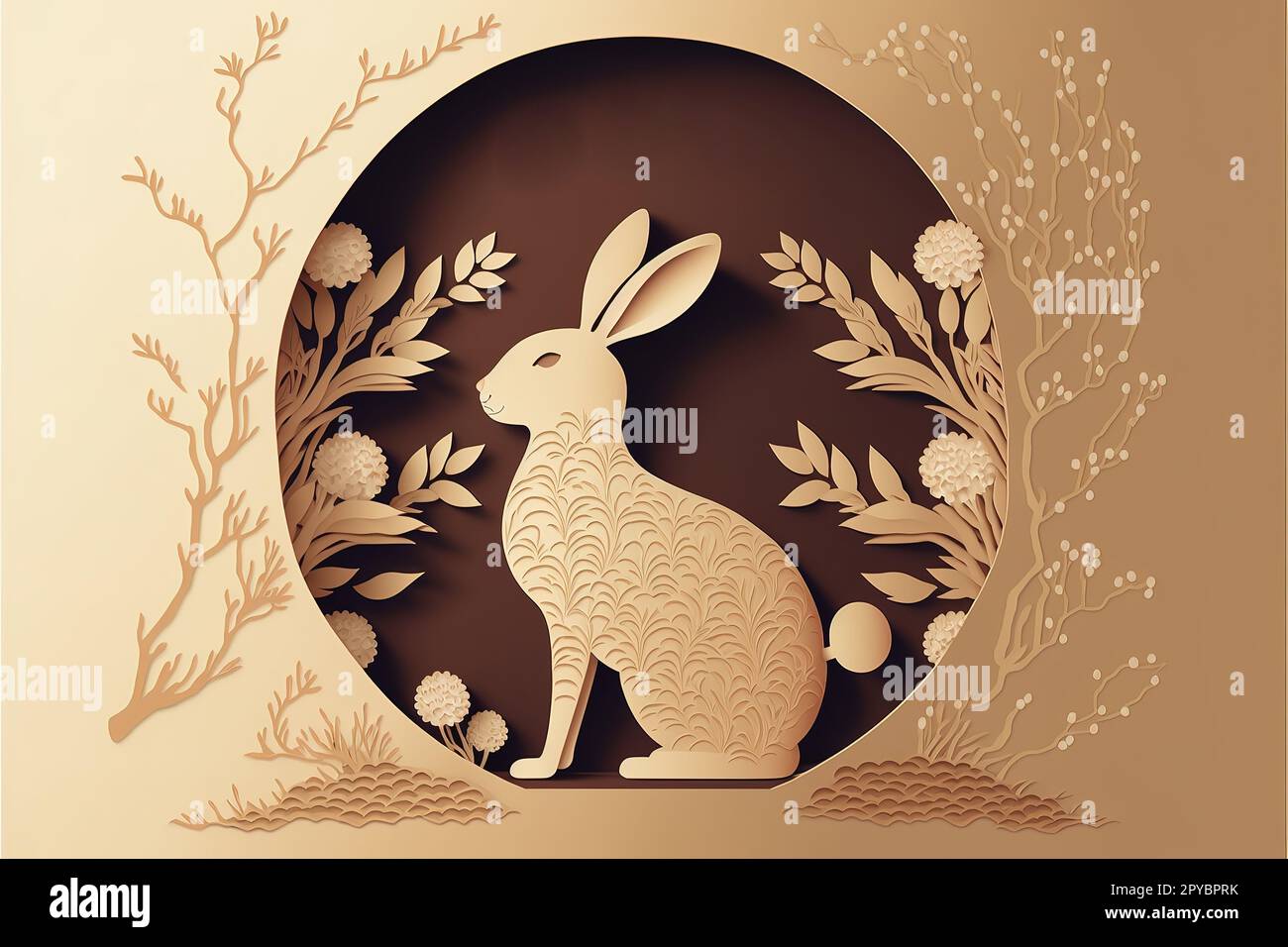 Frohes neues Jahr, 2023, traditionelles chinesisches Zodiac . Das Jahr des Kaninchens. Süßes kleines Kaninchen mit modernem, papiergeschnittenem Hintergrund. vektordarstellung Stockfoto