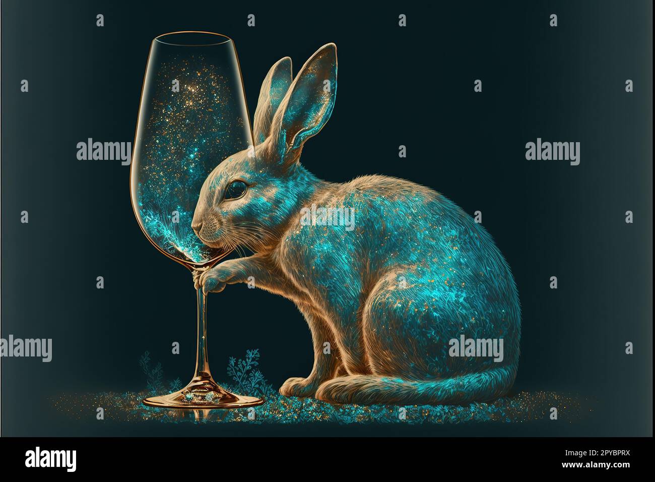 Frohes Neues Jahr, 2023, Chinesisches Neujahr, Zodiac-Zeichen, Mondneujahr, Year of the Rabbit, Bunny trinkt Champagner zur Feier des neuen Jahres, blau, Gold, Platz für Text, isoliert Stockfoto