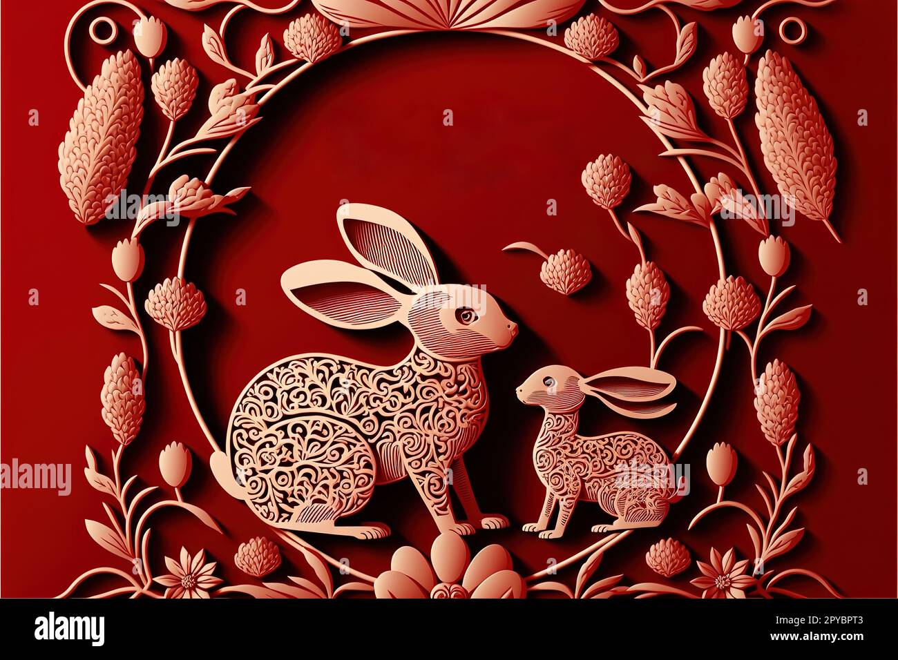 Frohes chinesisches Neujahr 2023, Rabbit Zodiac-Schild auf rotem Hintergrund. Asiatische Elemente mit Hasenschnitt Stockfoto