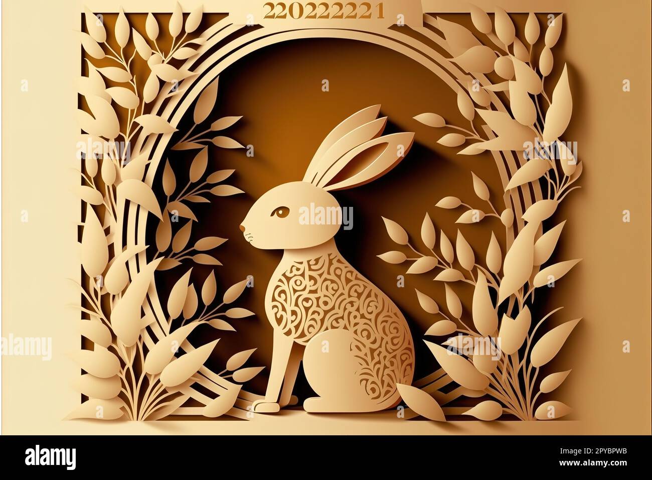 Frohes neues Jahr, 2023, traditionelles chinesisches Zodiac . Das Jahr des Kaninchens. Süßes kleines Kaninchen mit modernem, papiergeschnittenem Hintergrund. vektordarstellung Stockfoto