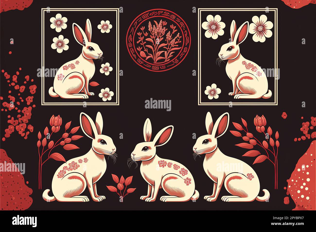 Chinesisches Mondneujahrstier mit Blumen, asiatischen Kaninchenmarken und rotem Horoskop-Vektor-Illustration-Set Stockfoto