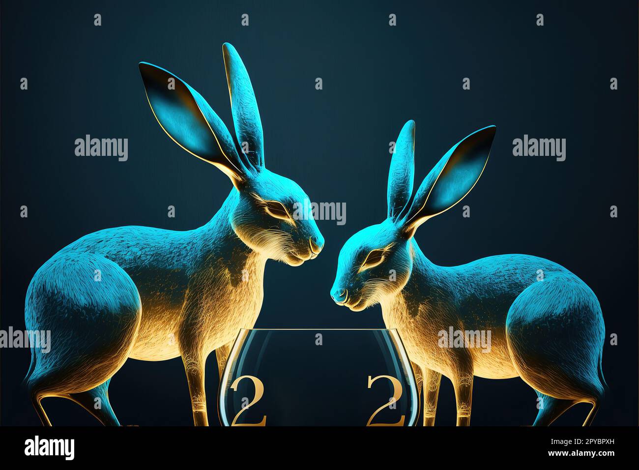 Frohes Neues Jahr, 2023, Chinesisches Neujahr, Zodiac-Zeichen, Mondneujahr, Year of the Rabbit, Bunny trinkt Champagner zur Feier des neuen Jahres, blau, Gold, Platz für Text, isoliert Stockfoto