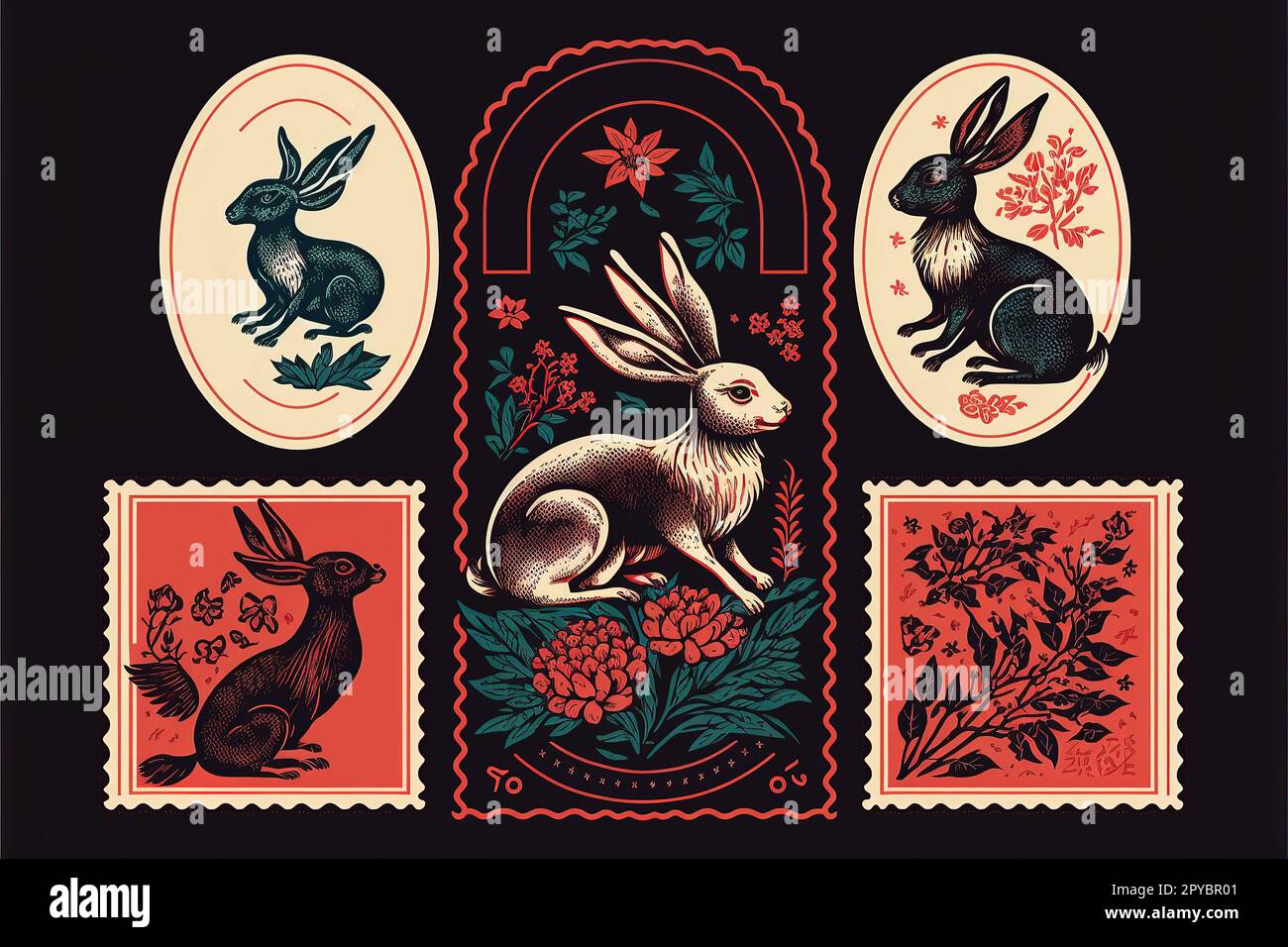 Chinesisches Mondneujahrstier mit Blumen, asiatischen Kaninchenmarken und rotem Horoskop-Vektor-Illustration-Set Stockfoto